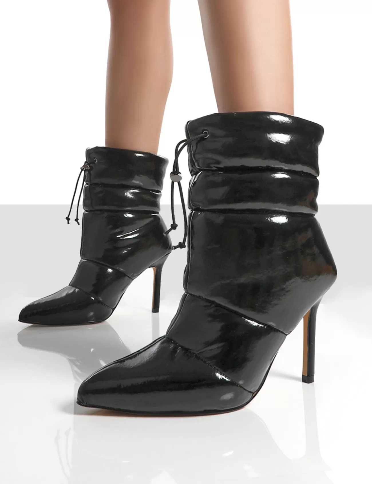 Public Desire Reset Patent Puffer Drawstring Stiletto Heeled Boots Black Cheap