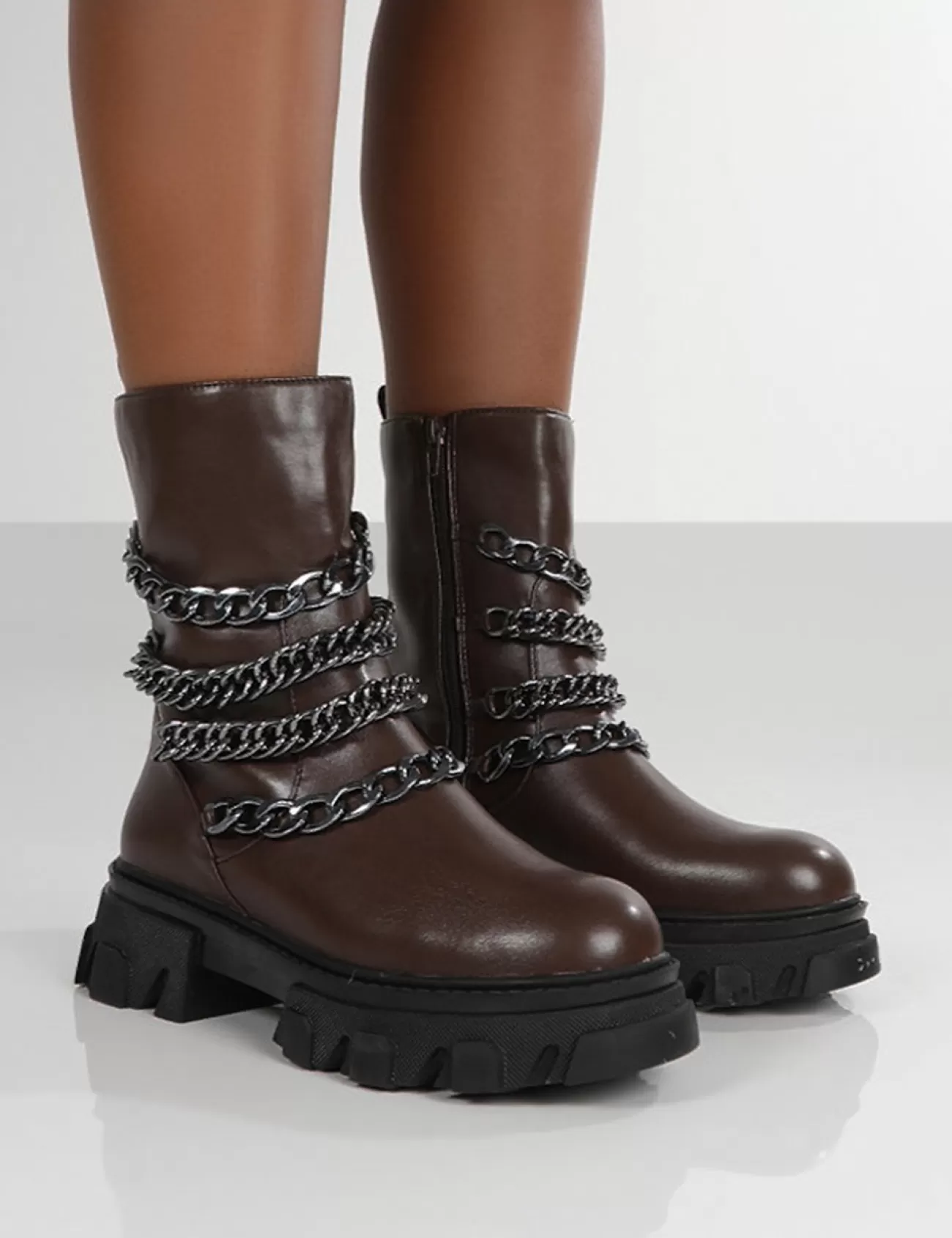 Public Desire Restrain Chocolate Pu Chain Detail Platform Chunky Sole Ankle Boot Brown Online