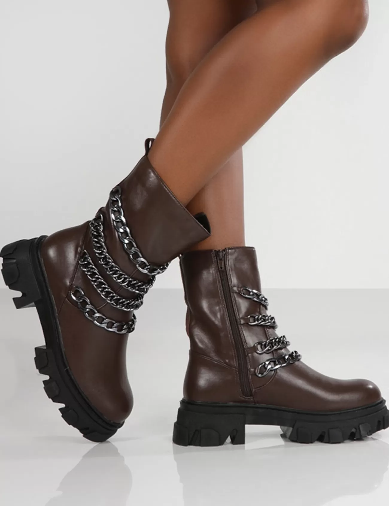 Public Desire Restrain Chocolate Pu Chain Detail Platform Chunky Sole Ankle Boot Brown Online