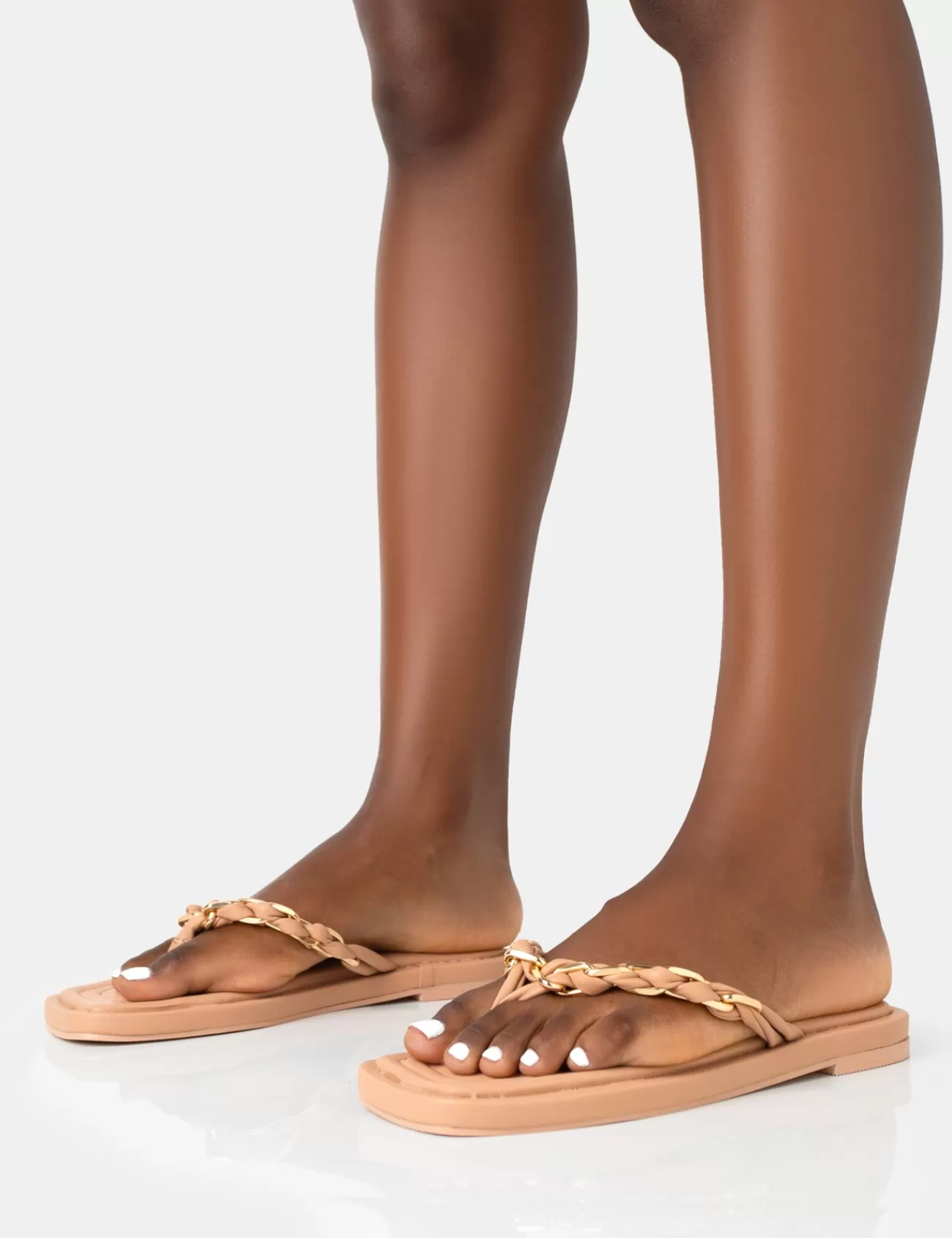 Public Desire Retreat Pu Chain Strap Flip Flop Sandals Nude Clearance