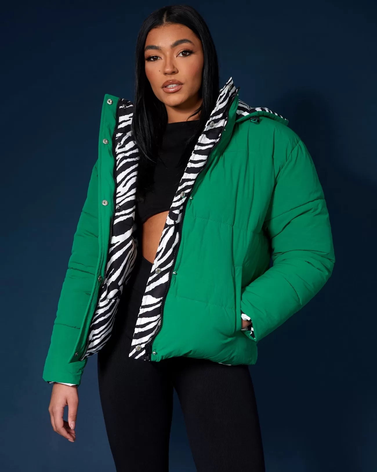 Public Desire Reversible Quilted Puffer Green And Zebra Discount