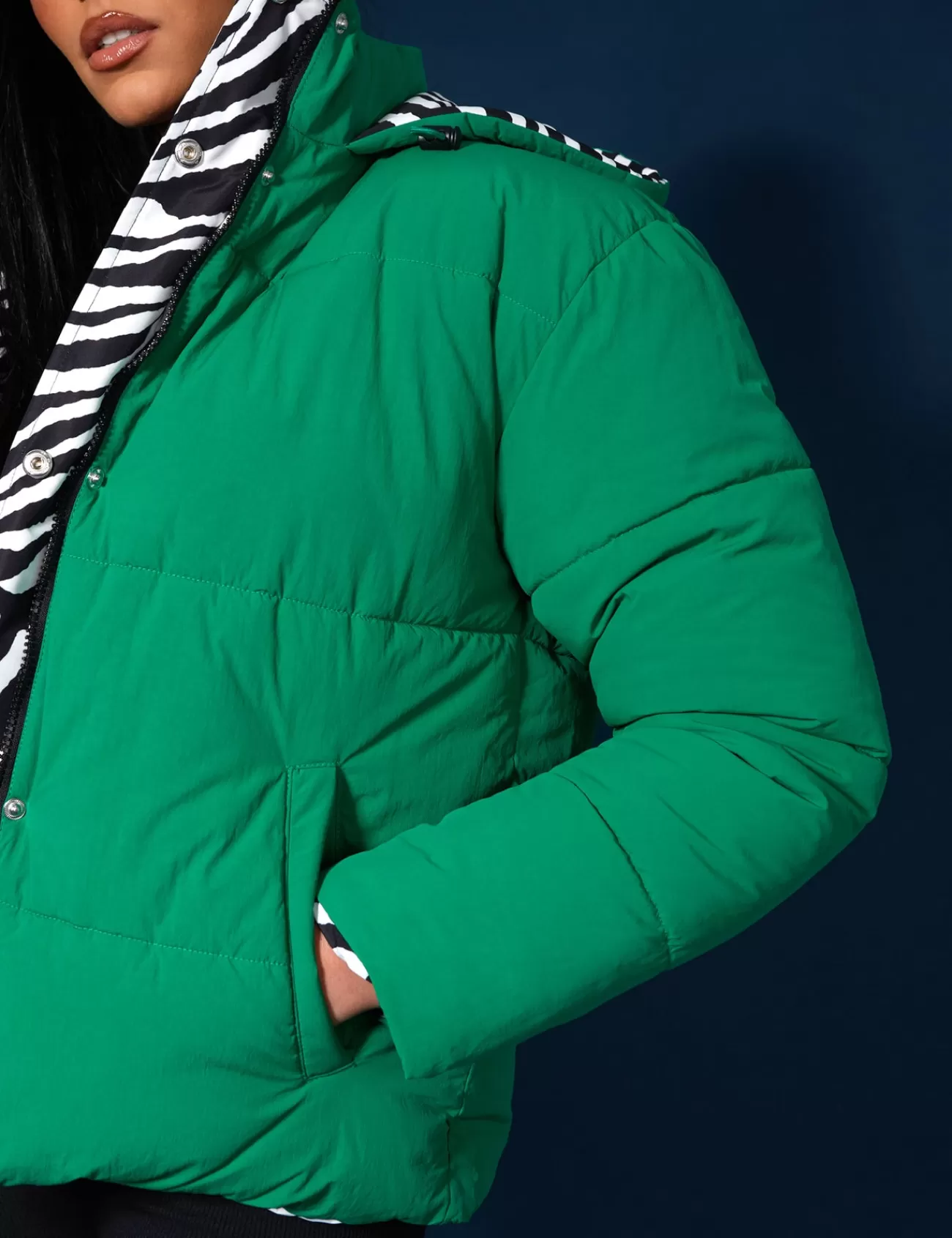 Public Desire Reversible Quilted Puffer Green And Zebra Discount
