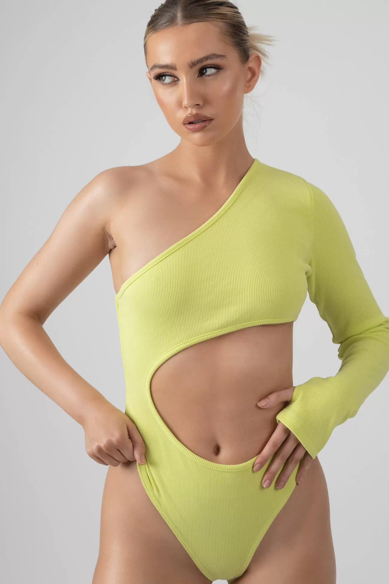 Public Desire Ribbed Cut Out One Sleeve Bodysuit Lime Green Best
