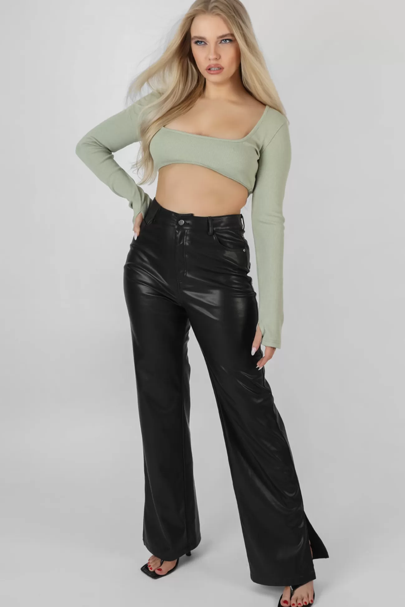 Public Desire Ribbed Underbust Square Neck Crop Top Khaki New