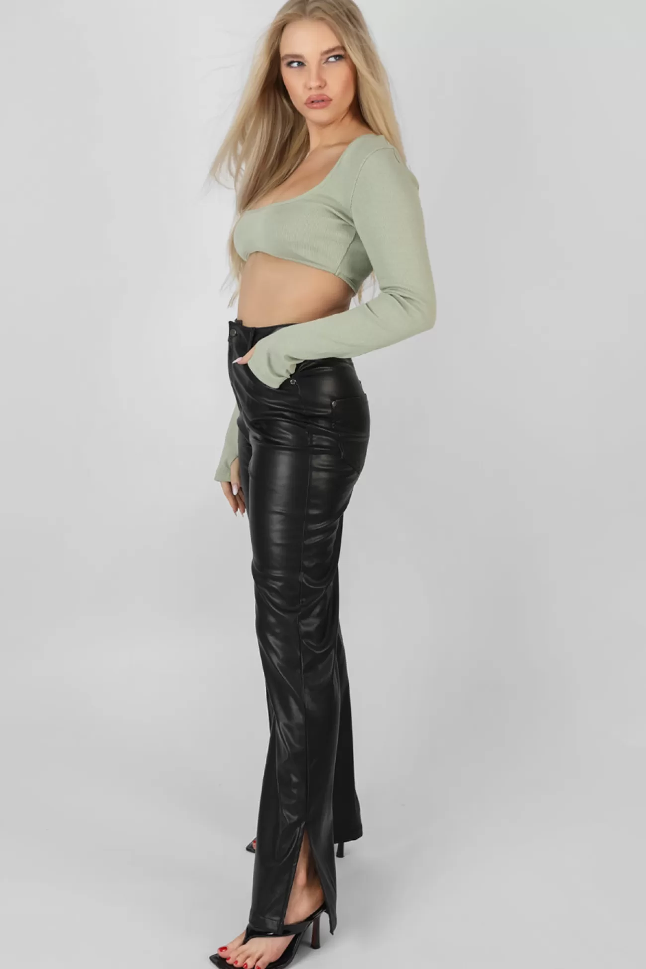 Public Desire Ribbed Underbust Square Neck Crop Top Khaki New