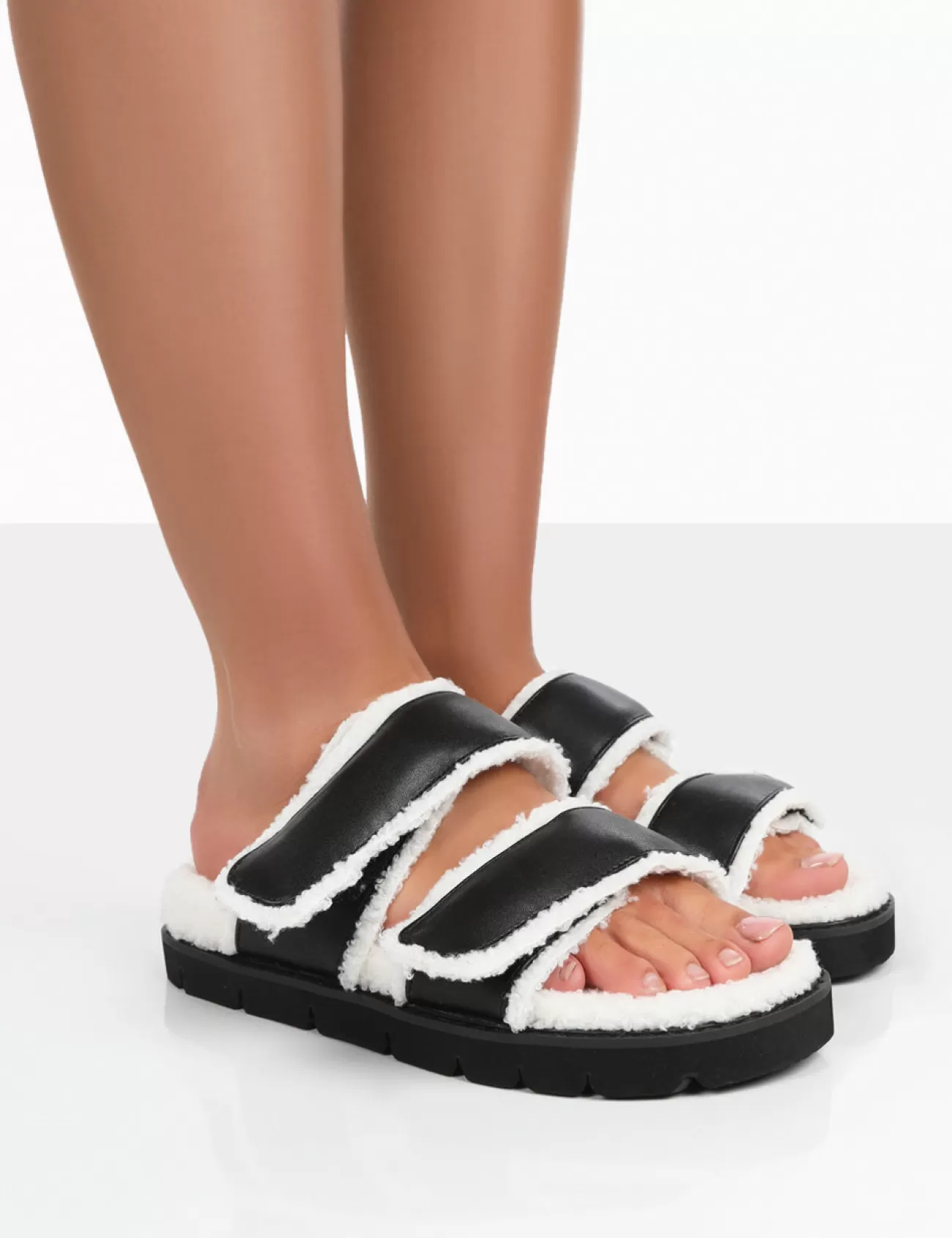 Public Desire Rinc Pu Faux Fur Slide Sandals Black Best
