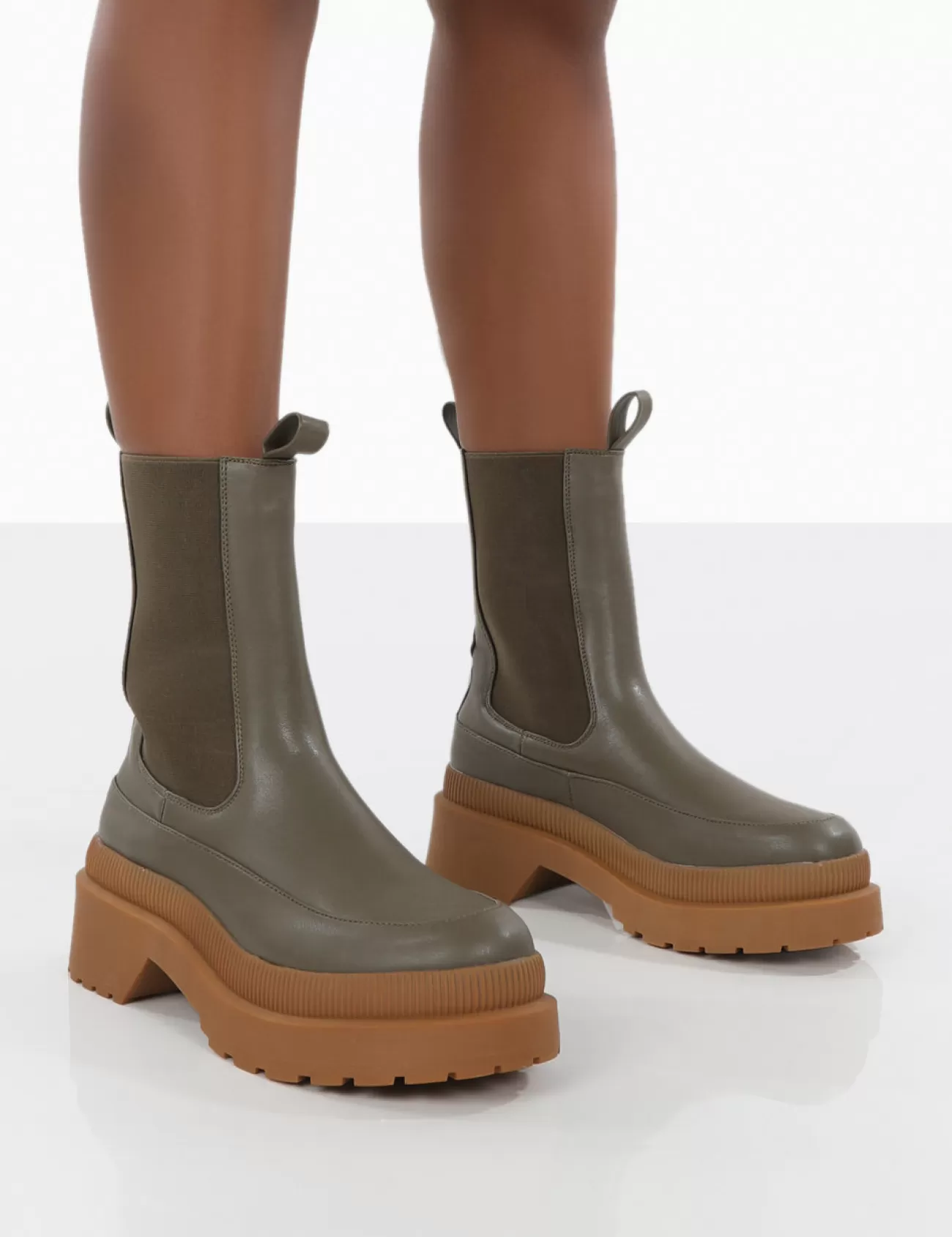 Public Desire Rise Khaki Platform Chunky Rubber Sole Chelsea Boots Green Best