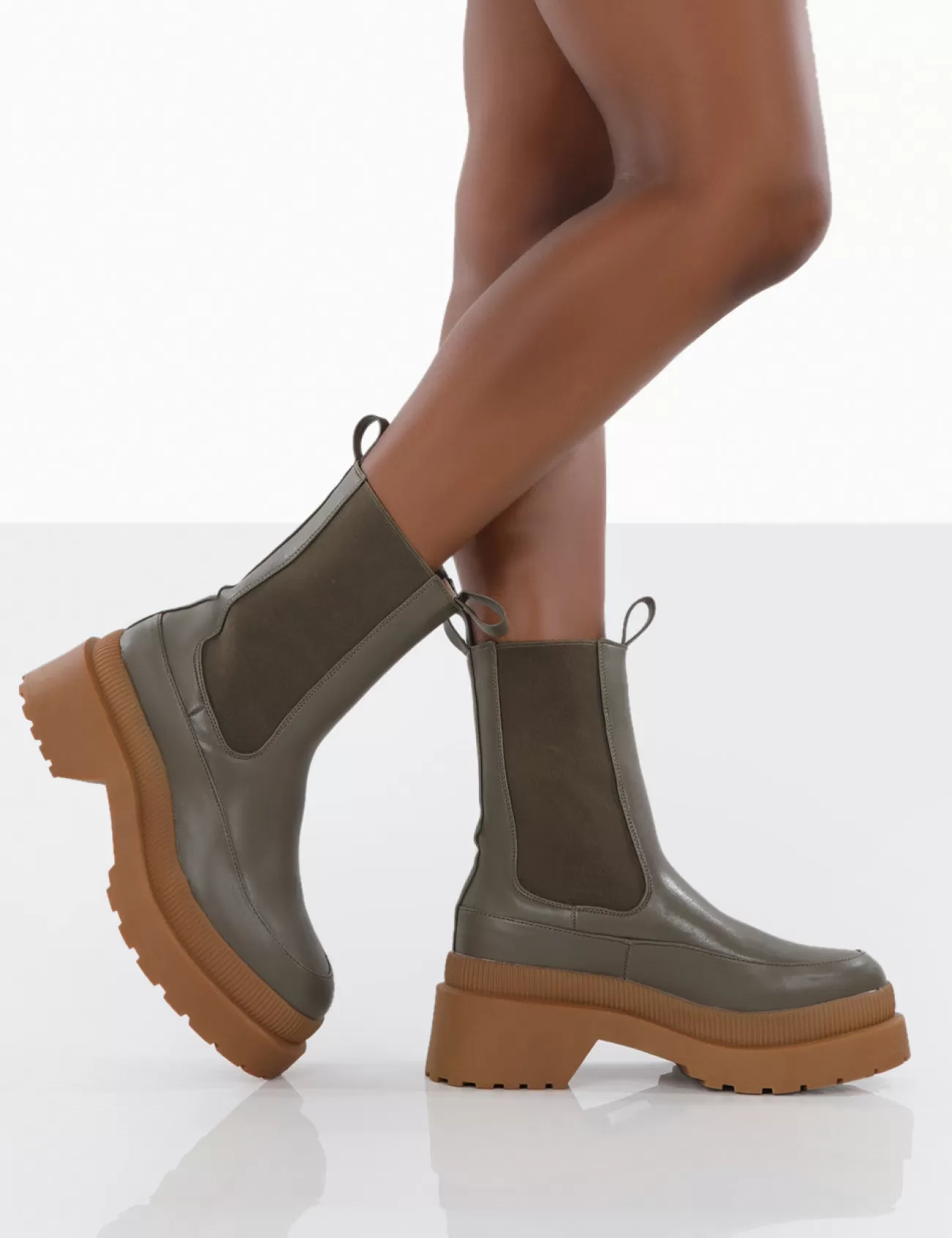 Public Desire Rise Khaki Platform Chunky Rubber Sole Chelsea Boots Green Best