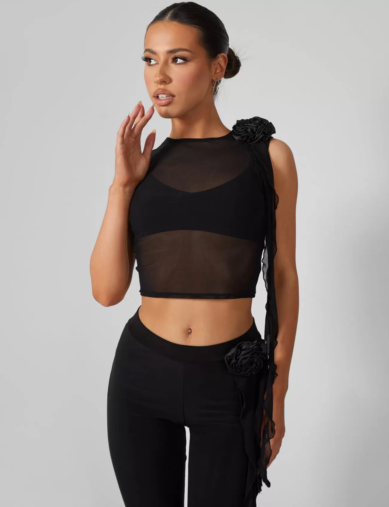 Public Desire Rose Detail Sleeveless Mesh Top Black Cheap