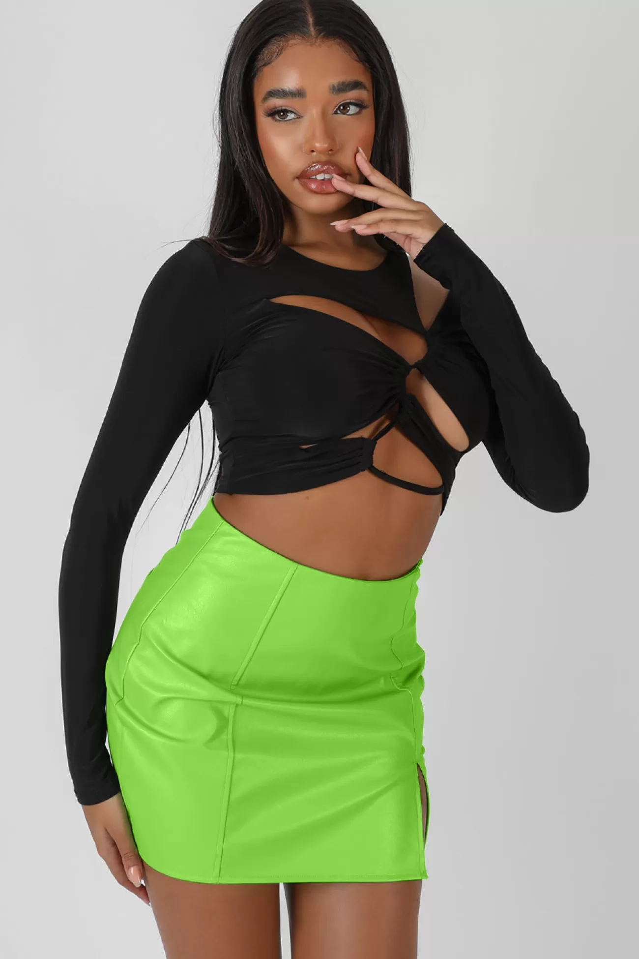 Public Desire Ruched Long Sleeve Cutaway Top Black Store