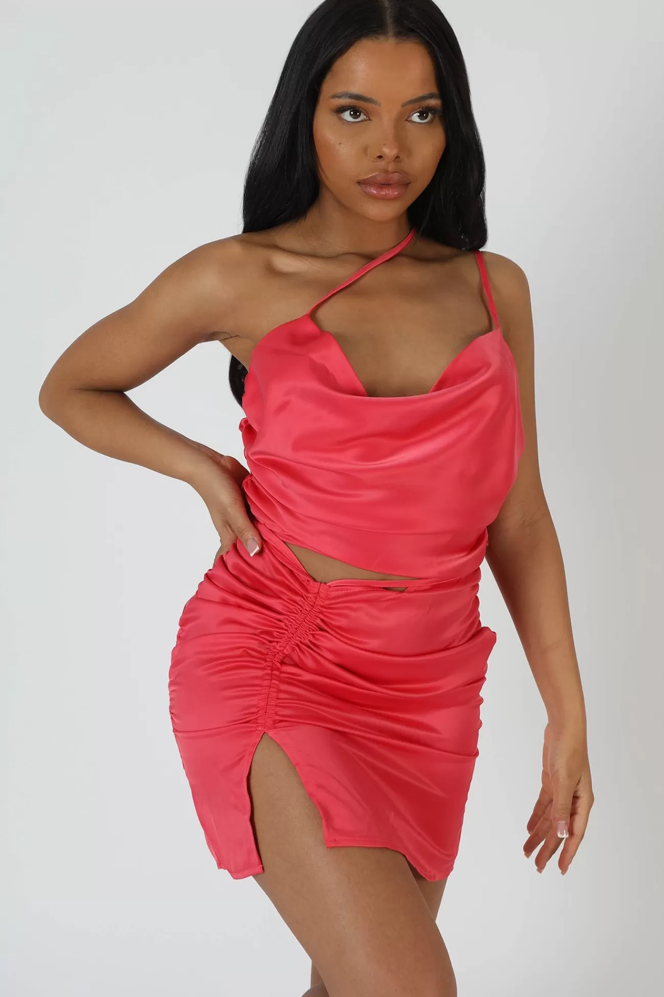 Public Desire Ruched Side Strappy Waist Satin Dress Dark Coral Shop