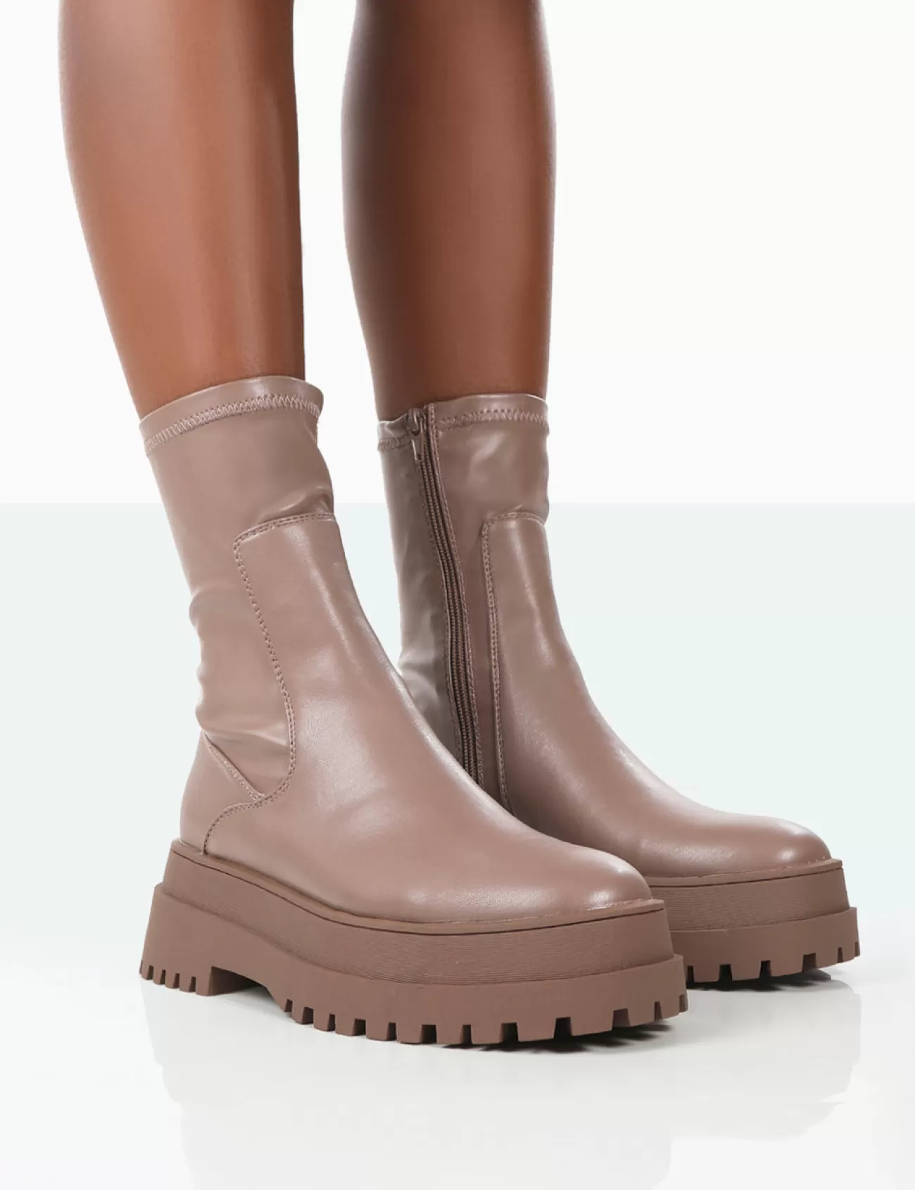 Public Desire Rusty Pu Chunky Sole Platform Sock Ankle Boots Mocha Best