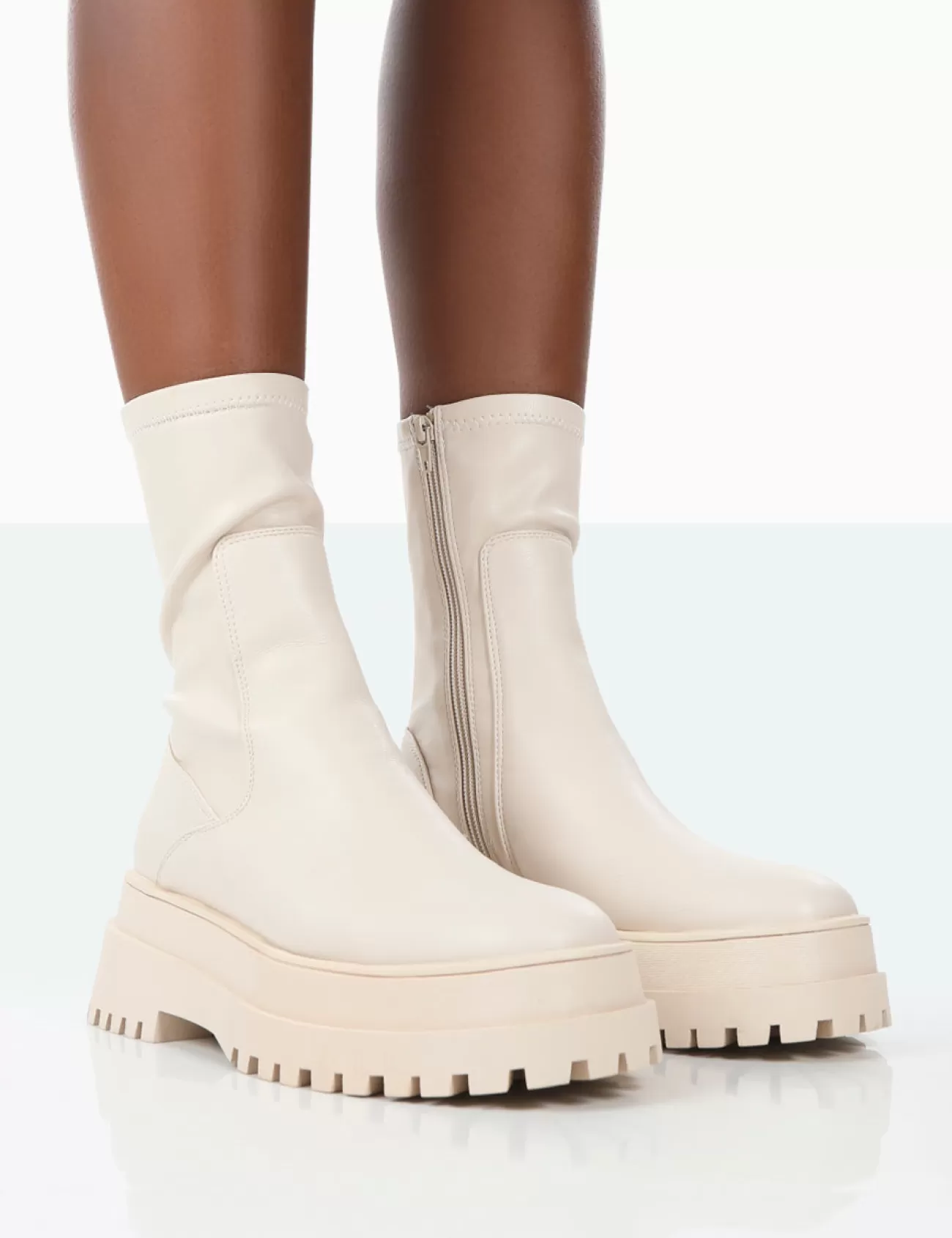 Public Desire Rusty Pu Chunky Sole Platform Sock Ankle Boots Bone Shop