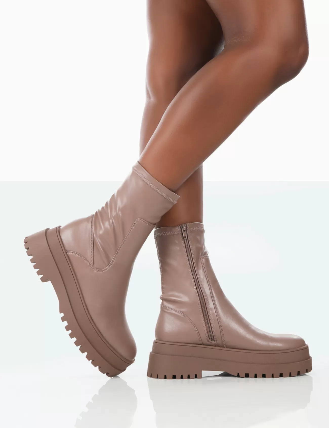 Public Desire Rusty Pu Chunky Sole Platform Sock Ankle Boots Mocha Best