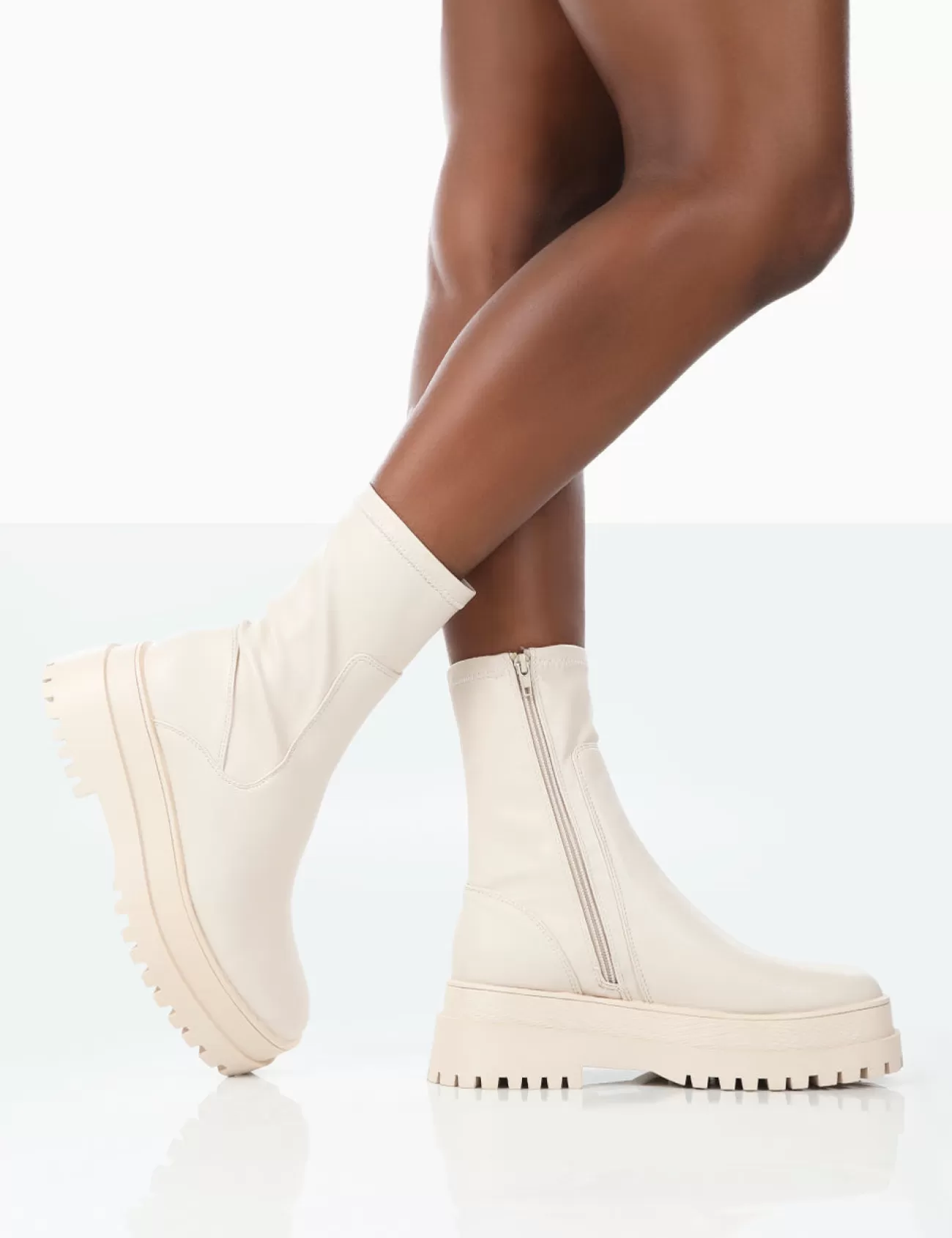 Public Desire Rusty Pu Chunky Sole Platform Sock Ankle Boots Bone Shop