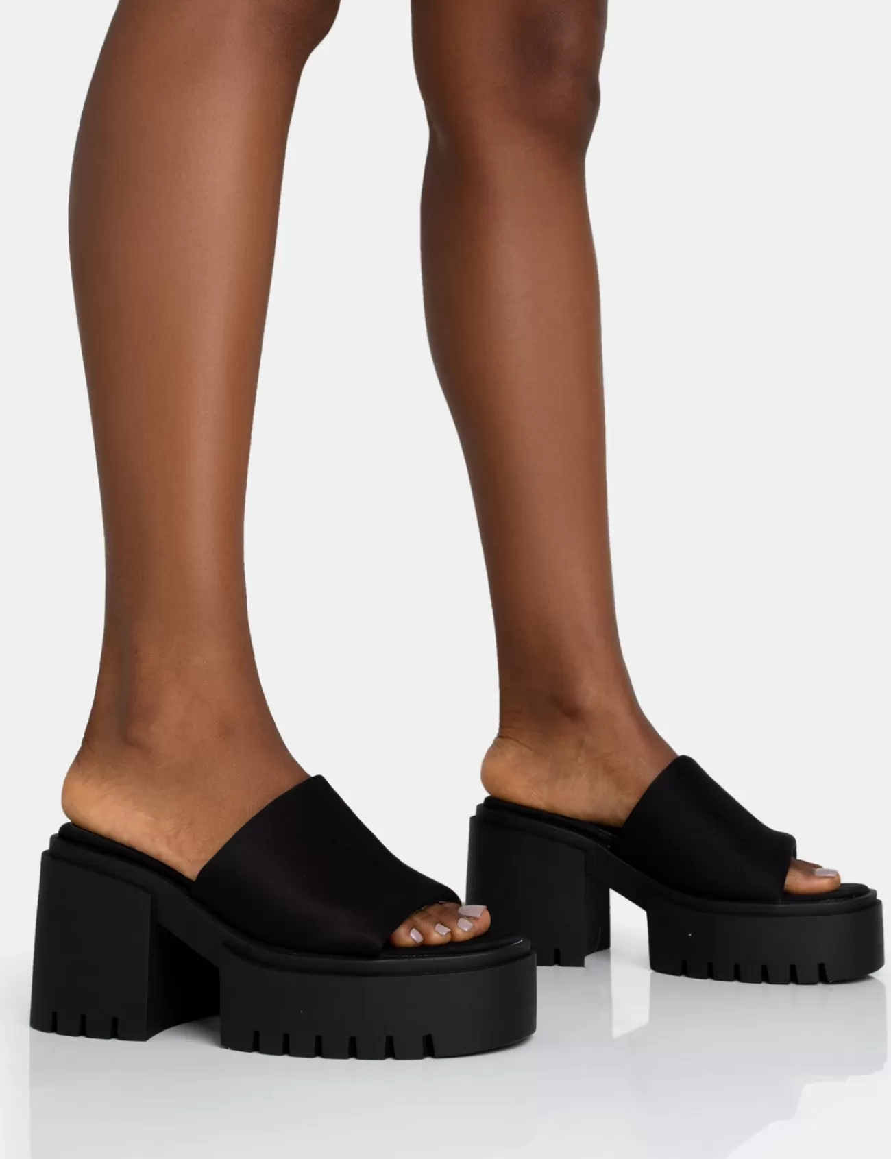 Public Desire Sabeena Black Chunky Mule Round Toe Mid Heel Sandals Cheap