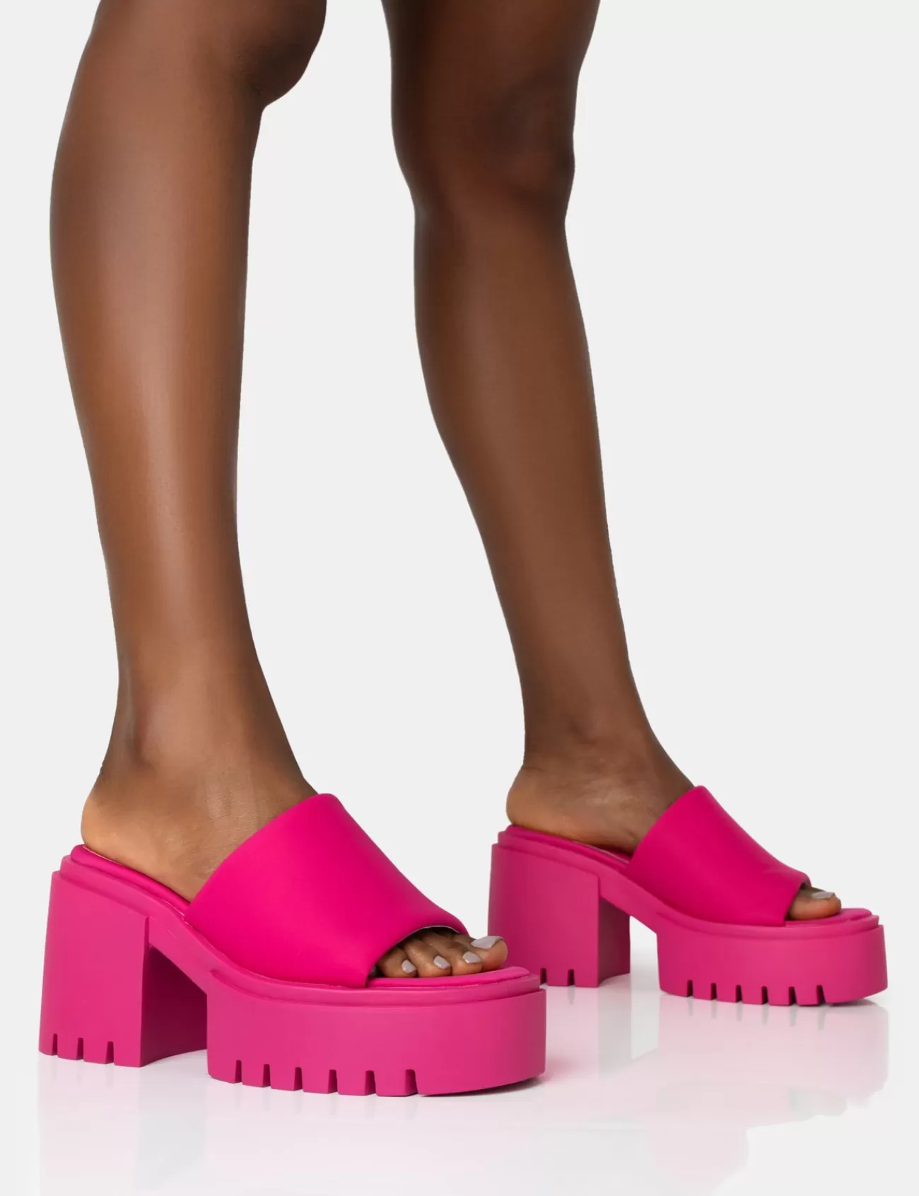 Public Desire Sabeena Chunky Mule Round Toe Mid Heel Sandals Pink Fashion
