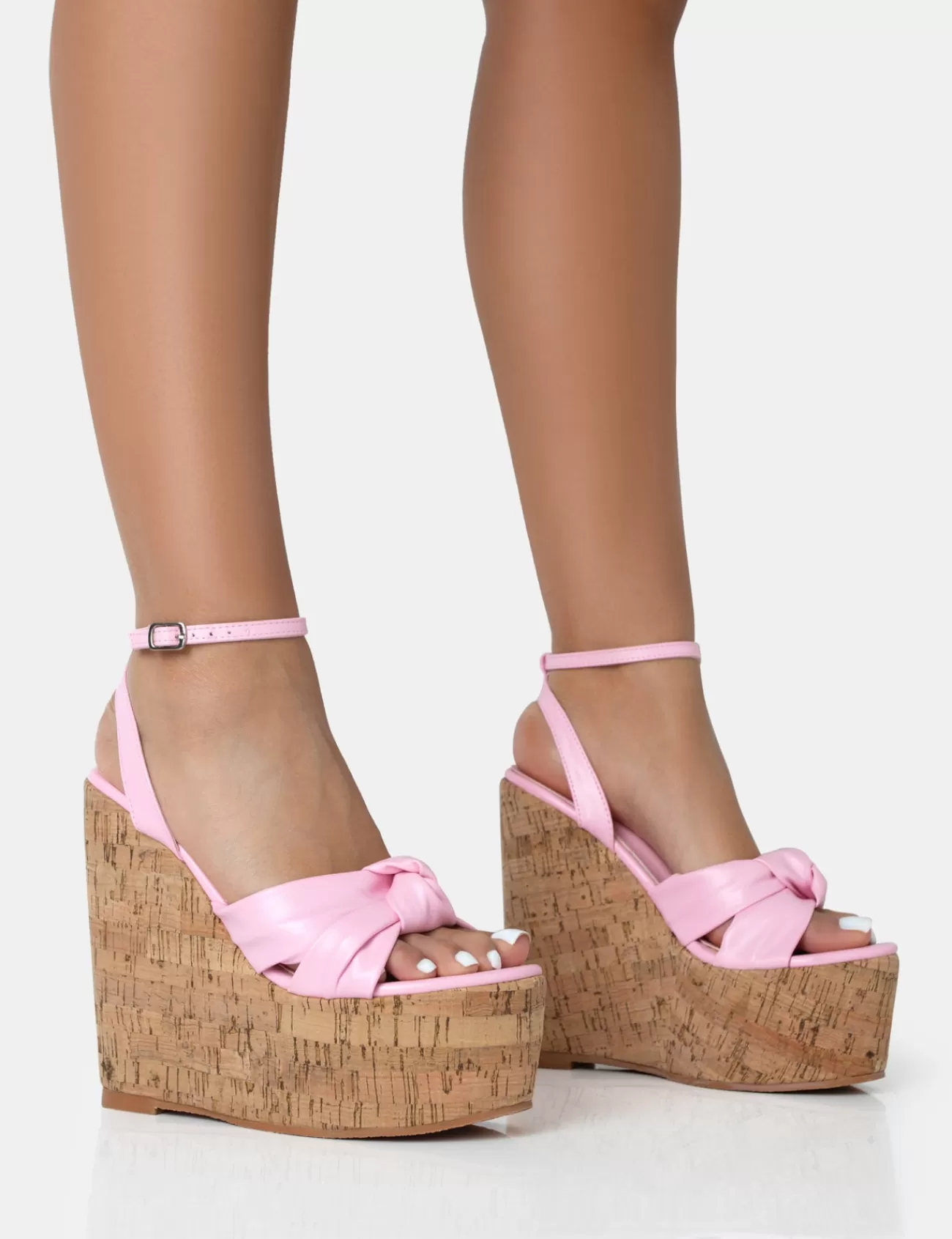 Public Desire Sandy Pu Knot Strap Round Toe Cork Wedge Heels Pink Online