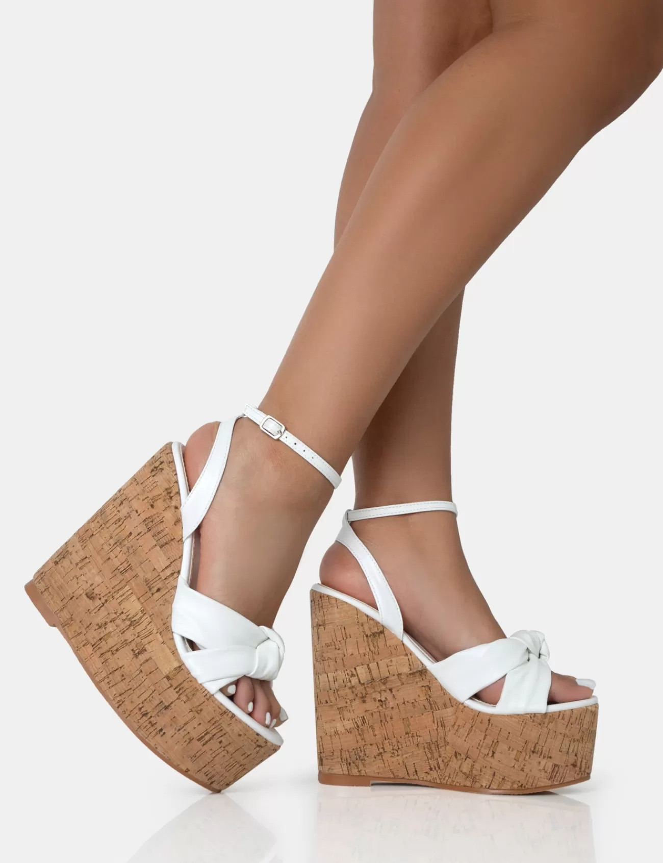 Public Desire Sandy Pu Knot Strap Round Toe Cork Wedge Heels White Clearance