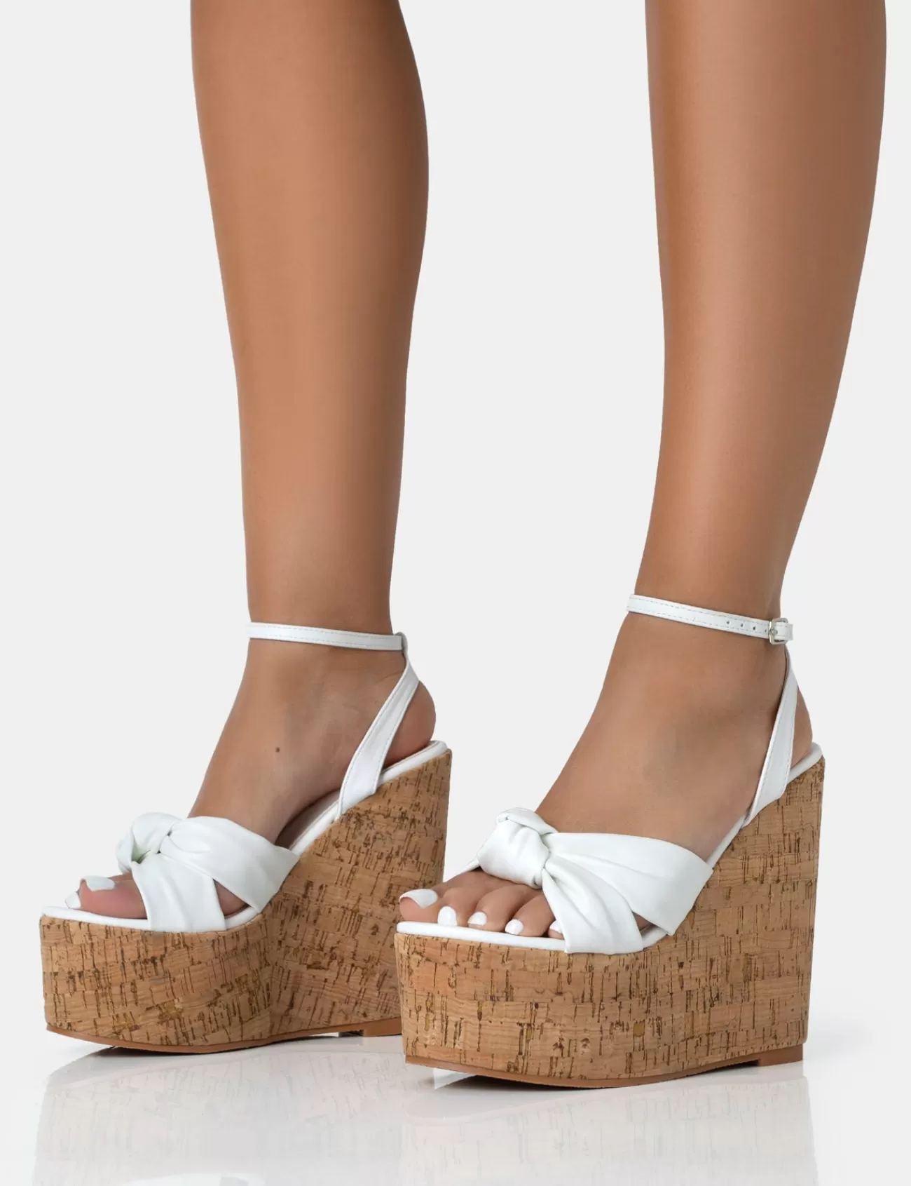 Public Desire Sandy Pu Knot Strap Round Toe Cork Wedge Heels White Clearance