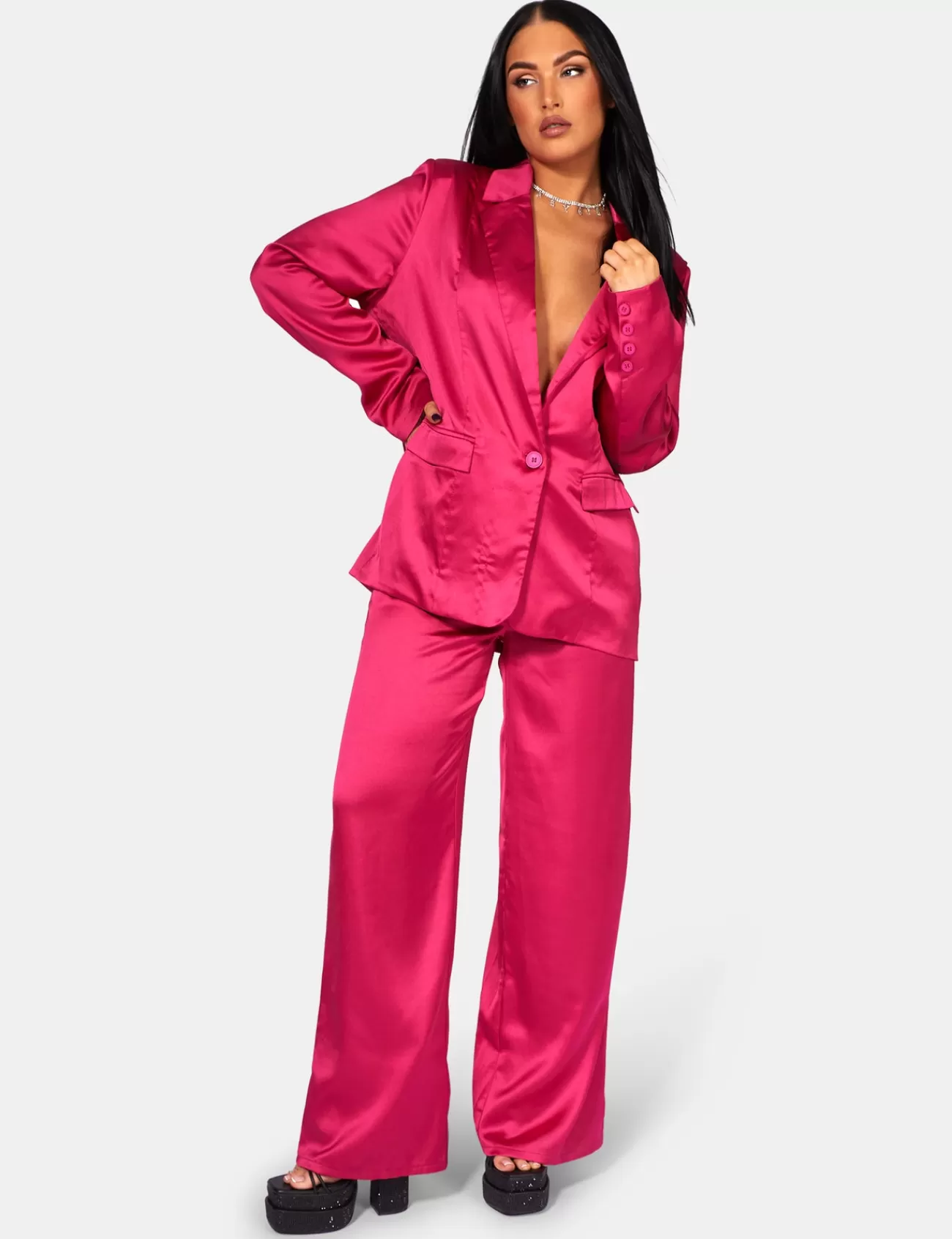 Public Desire Satin Wide Leg Tailored Trousers Pink Cheap
