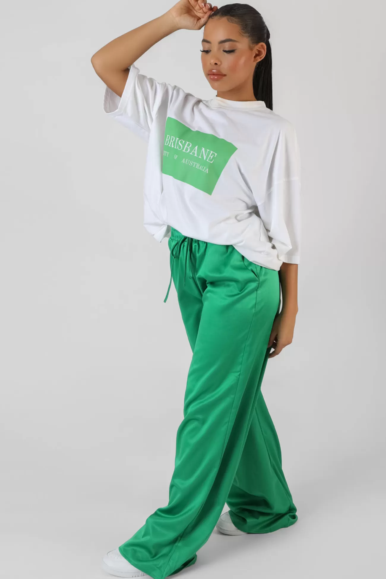 Public Desire Satin Wide Leg Trousers Green Cheap
