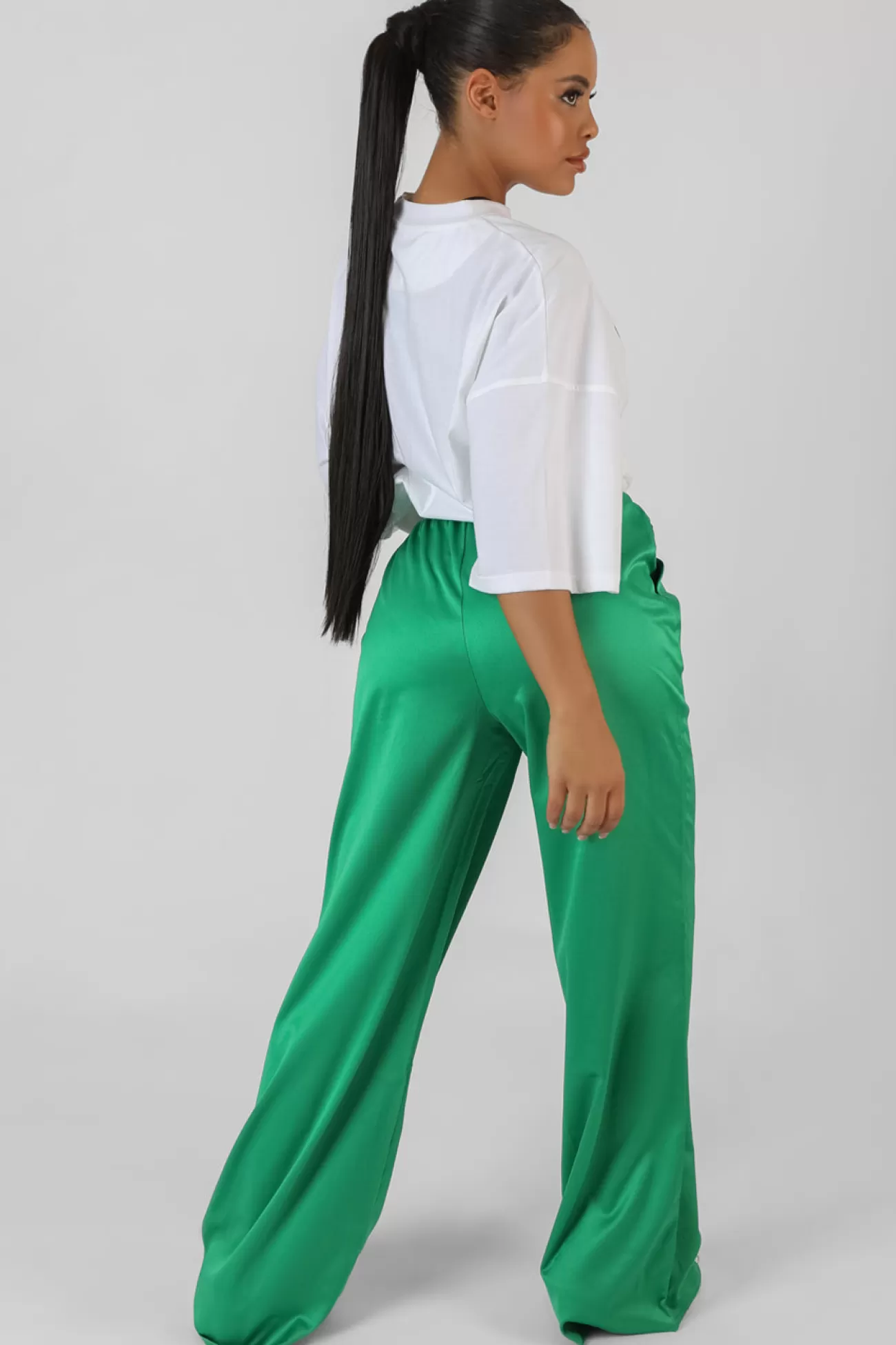 Public Desire Satin Wide Leg Trousers Green Cheap