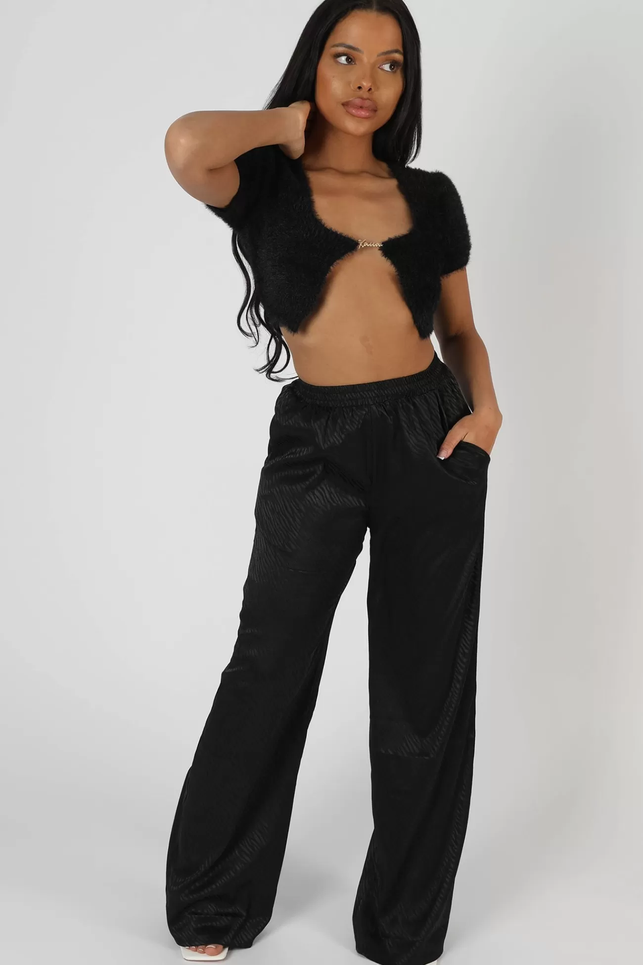 Public Desire Satin Zebra Print Wide Leg Trousers Black Fashion