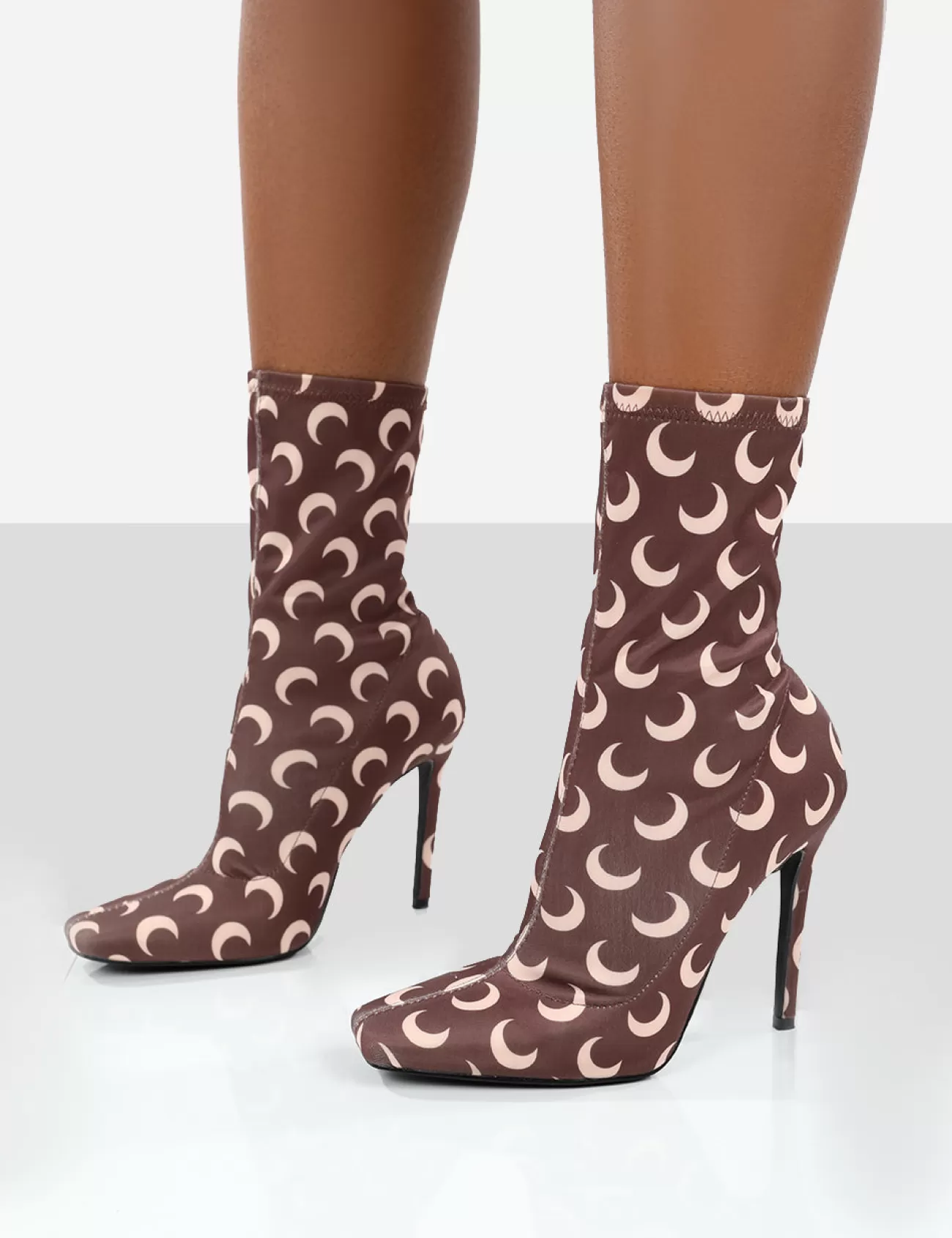 Public Desire Saturn Return Pointed Toe Stiletto Printed Sock Boots Brown Store
