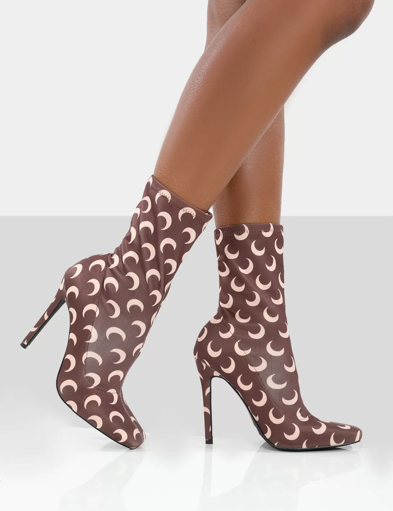 Public Desire Saturn Return Pointed Toe Stiletto Printed Sock Boots Brown Store