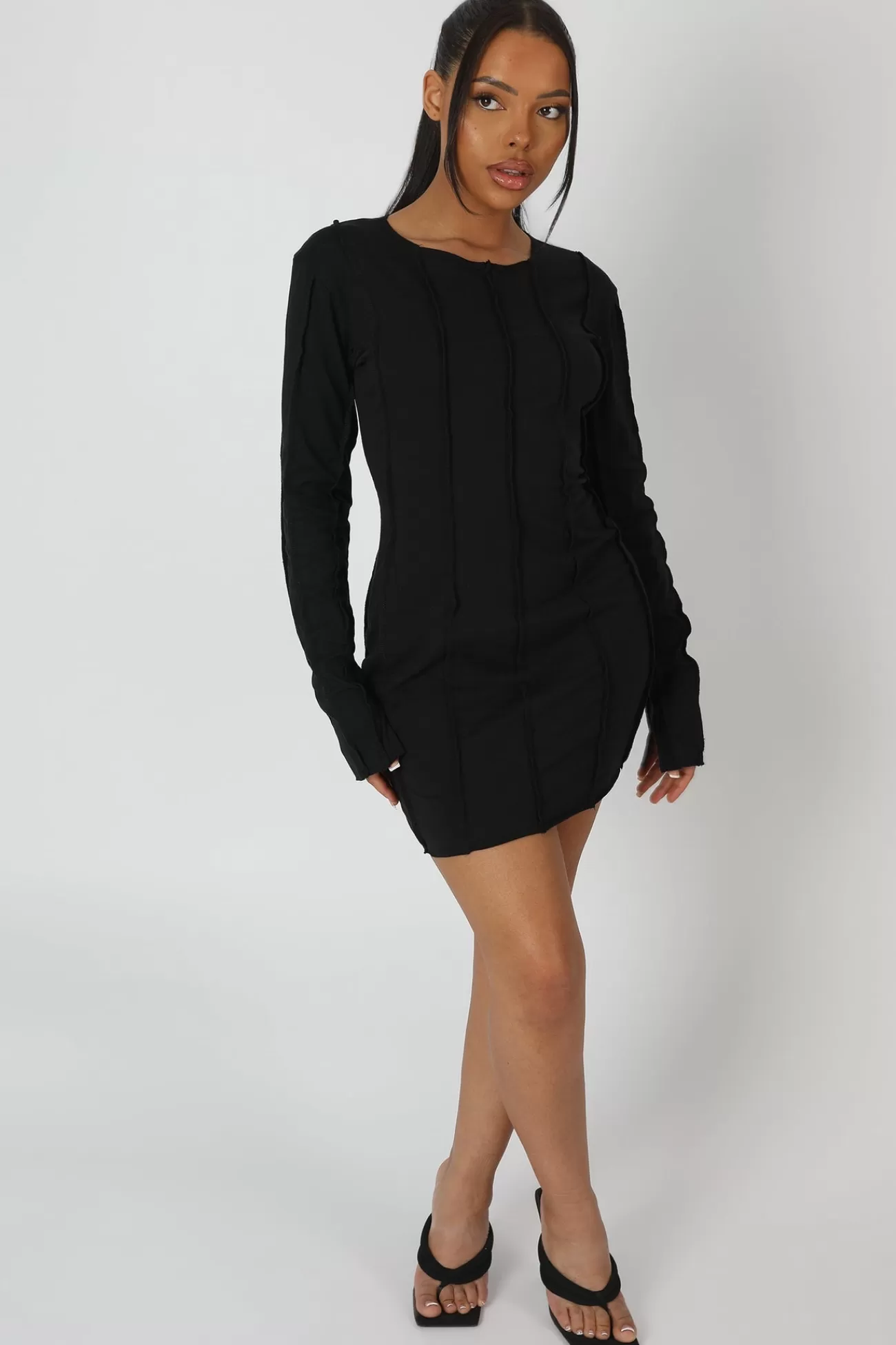Public Desire Seam Detail Long Sleeve Mini Dress Black New
