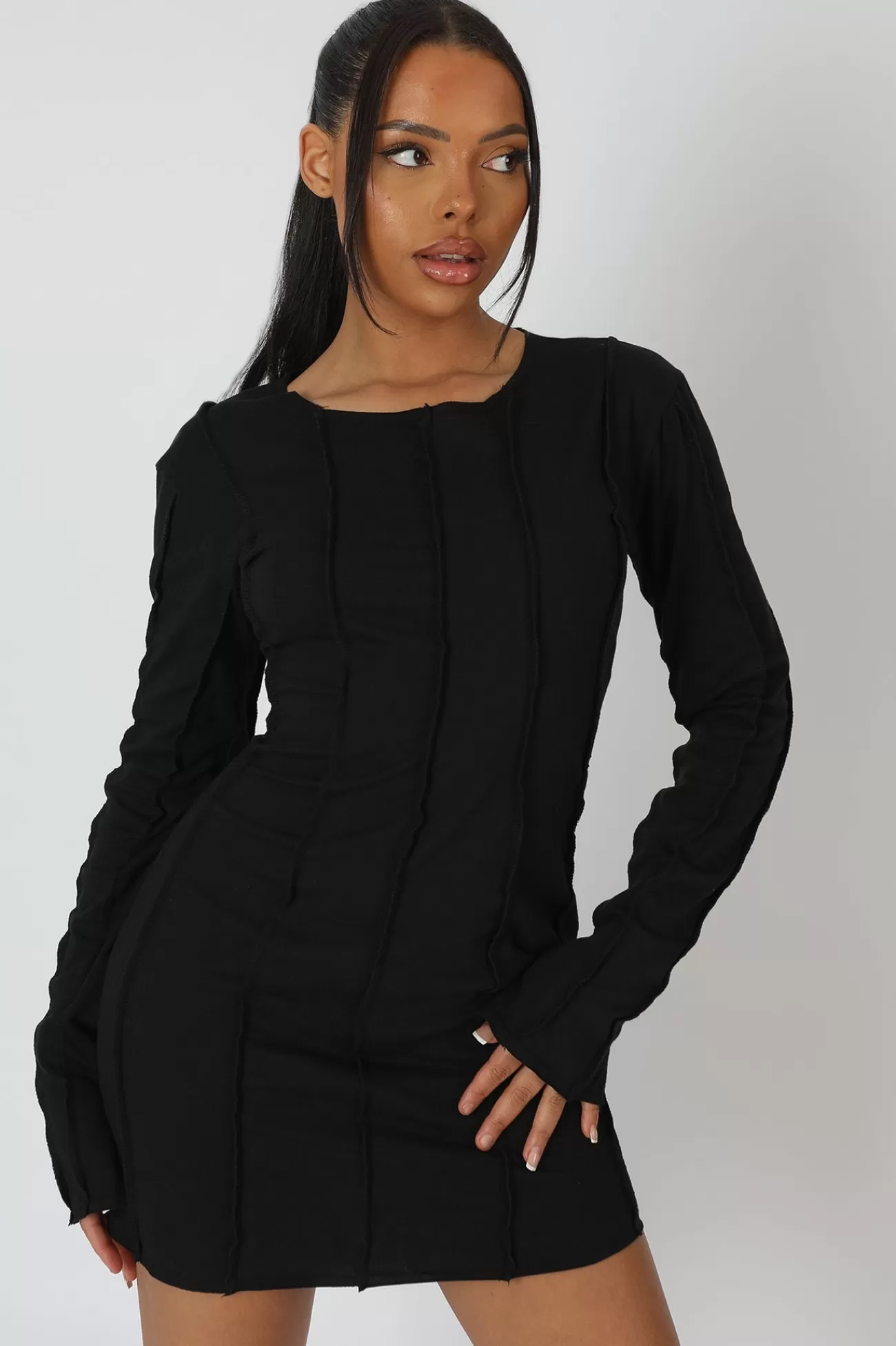 Public Desire Seam Detail Long Sleeve Mini Dress Black New