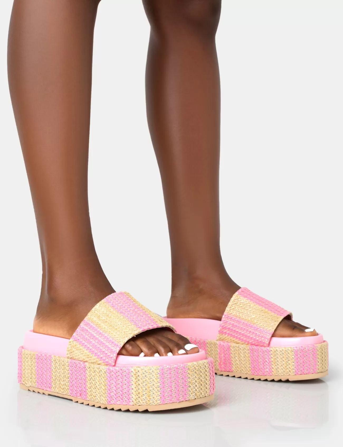 Public Desire Seashore Stripe Raffia Slider Flatform Sandals Pink Cheap