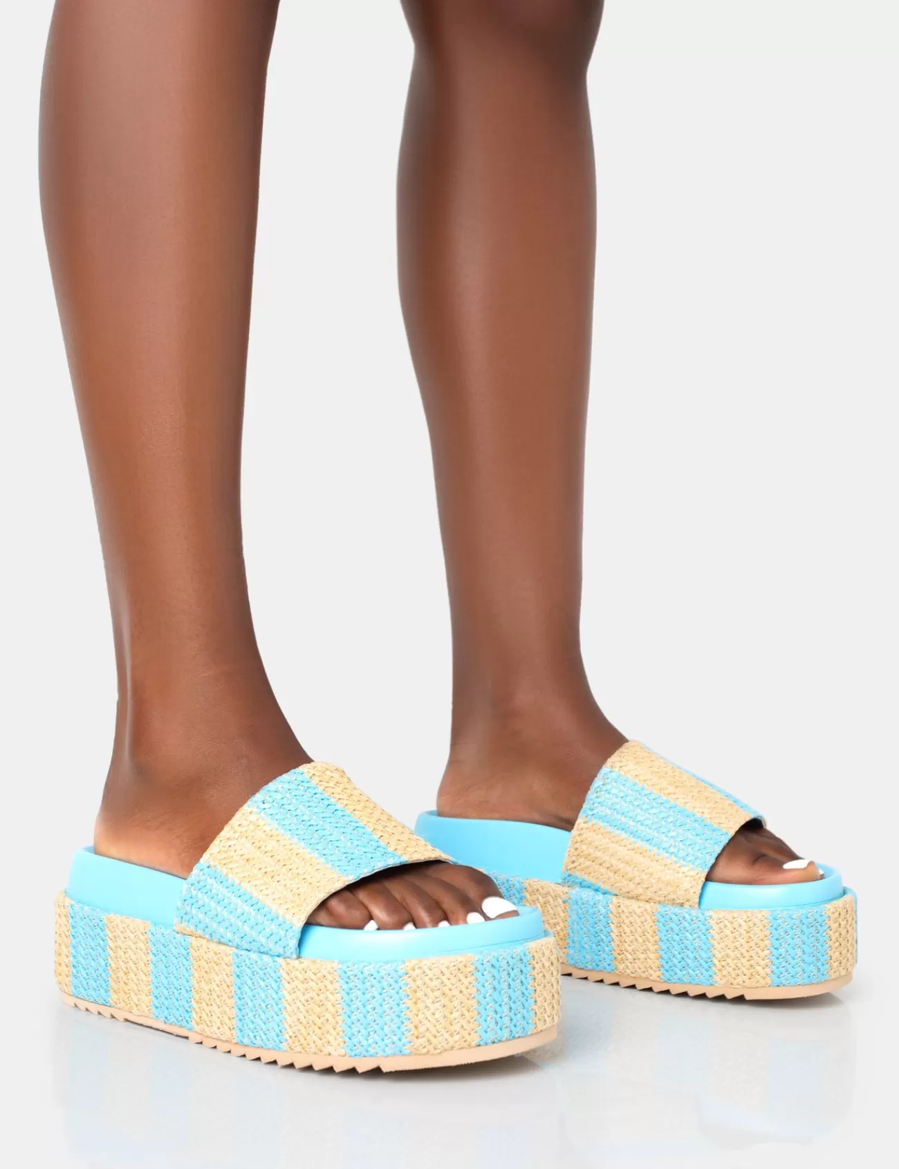 Public Desire Seashore Stripe Raffia Slider Flatform Sandals Blue Best Sale