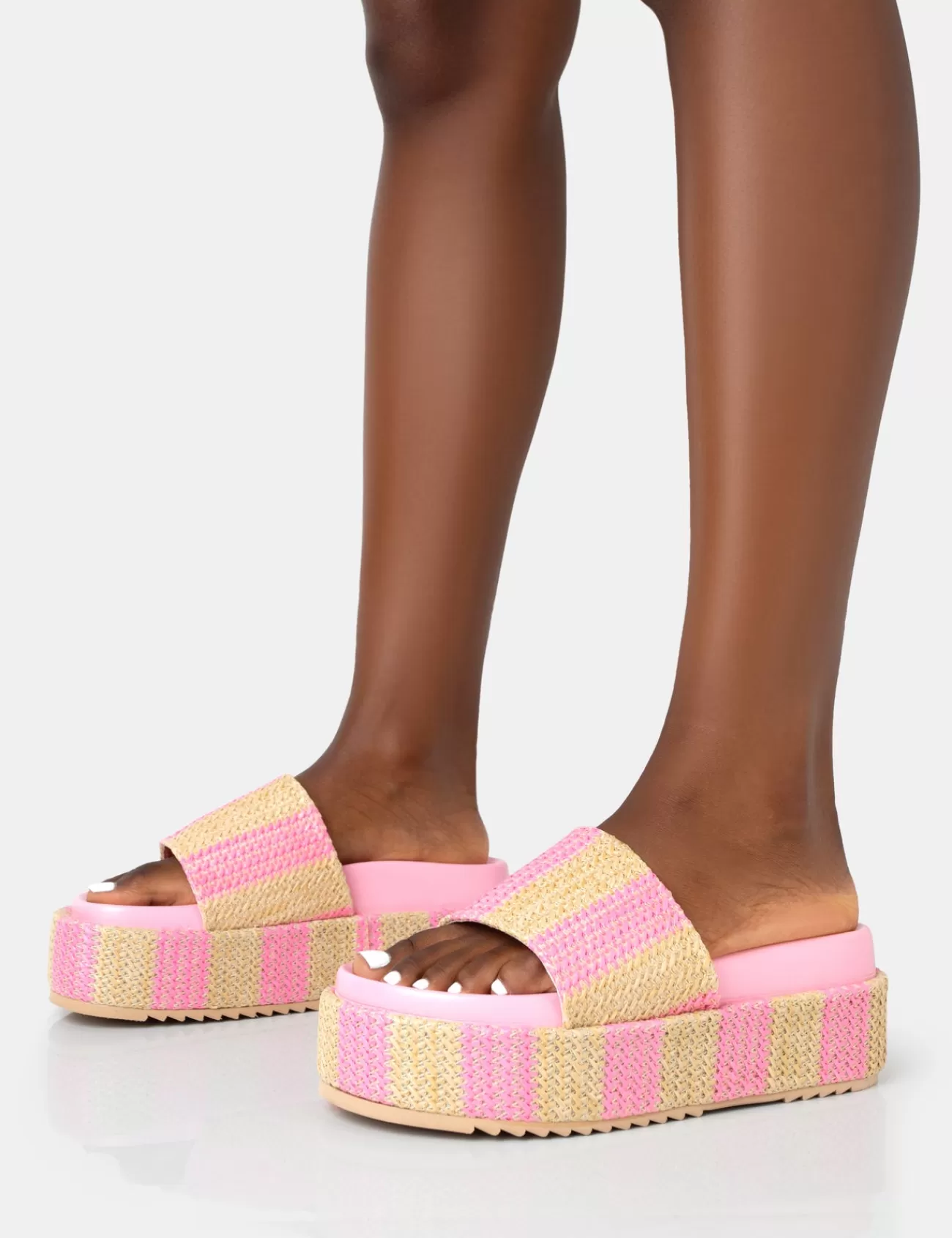 Public Desire Seashore Stripe Raffia Slider Flatform Sandals Pink Cheap