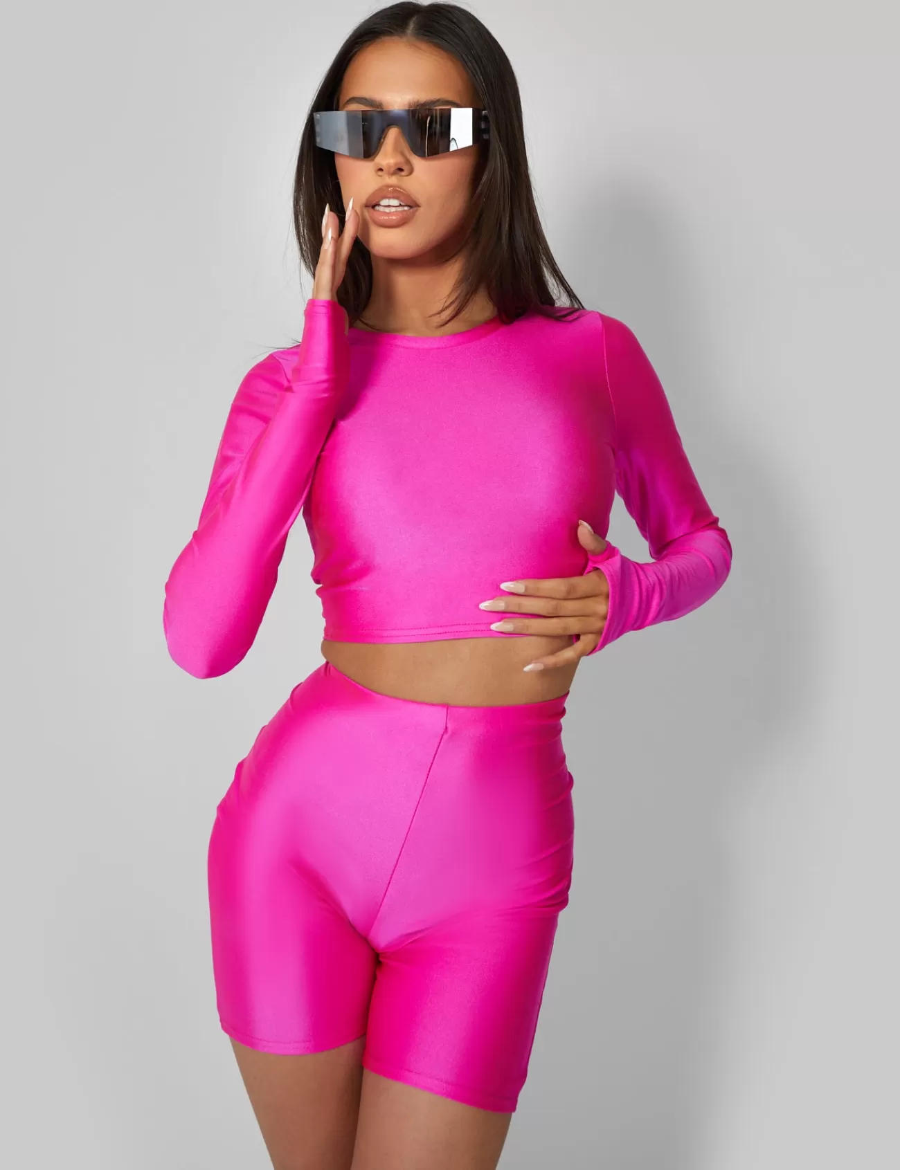 Public Desire Second Skin Long Sleeve Fitted T-Shirt Hot Pink Hotpink Hot