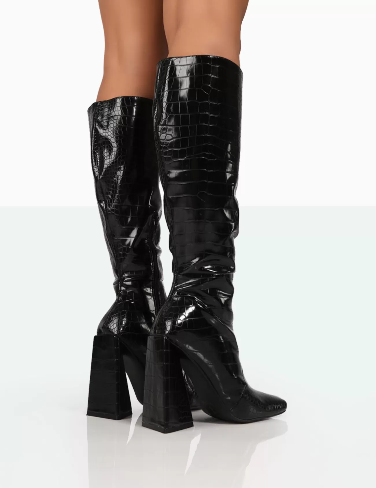 Public Desire Senna Black Patent Croc Knee High Block Heel Boots White Discount