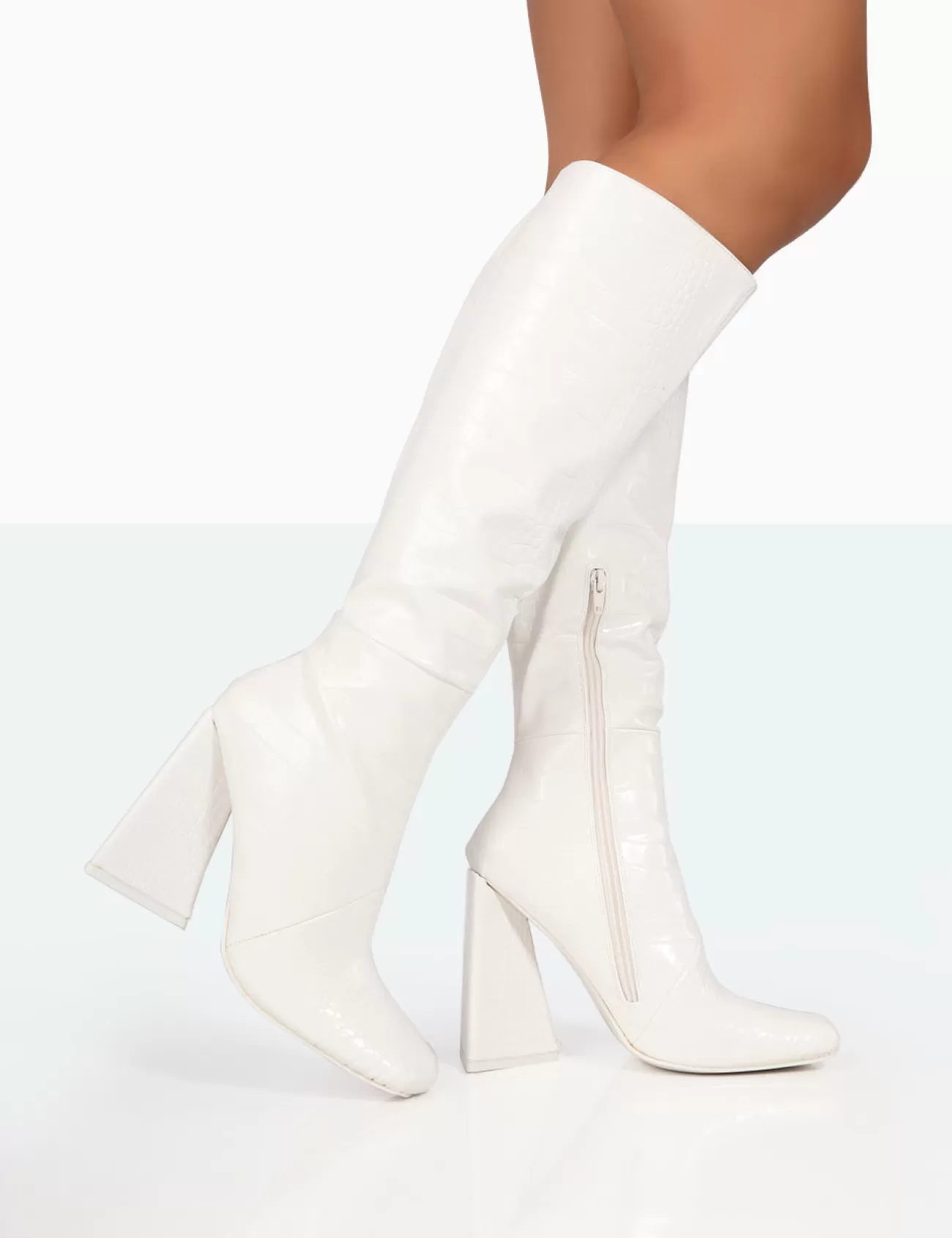 Public Desire Senna Croc Pu Knee High Block Heel Boots White Cheap