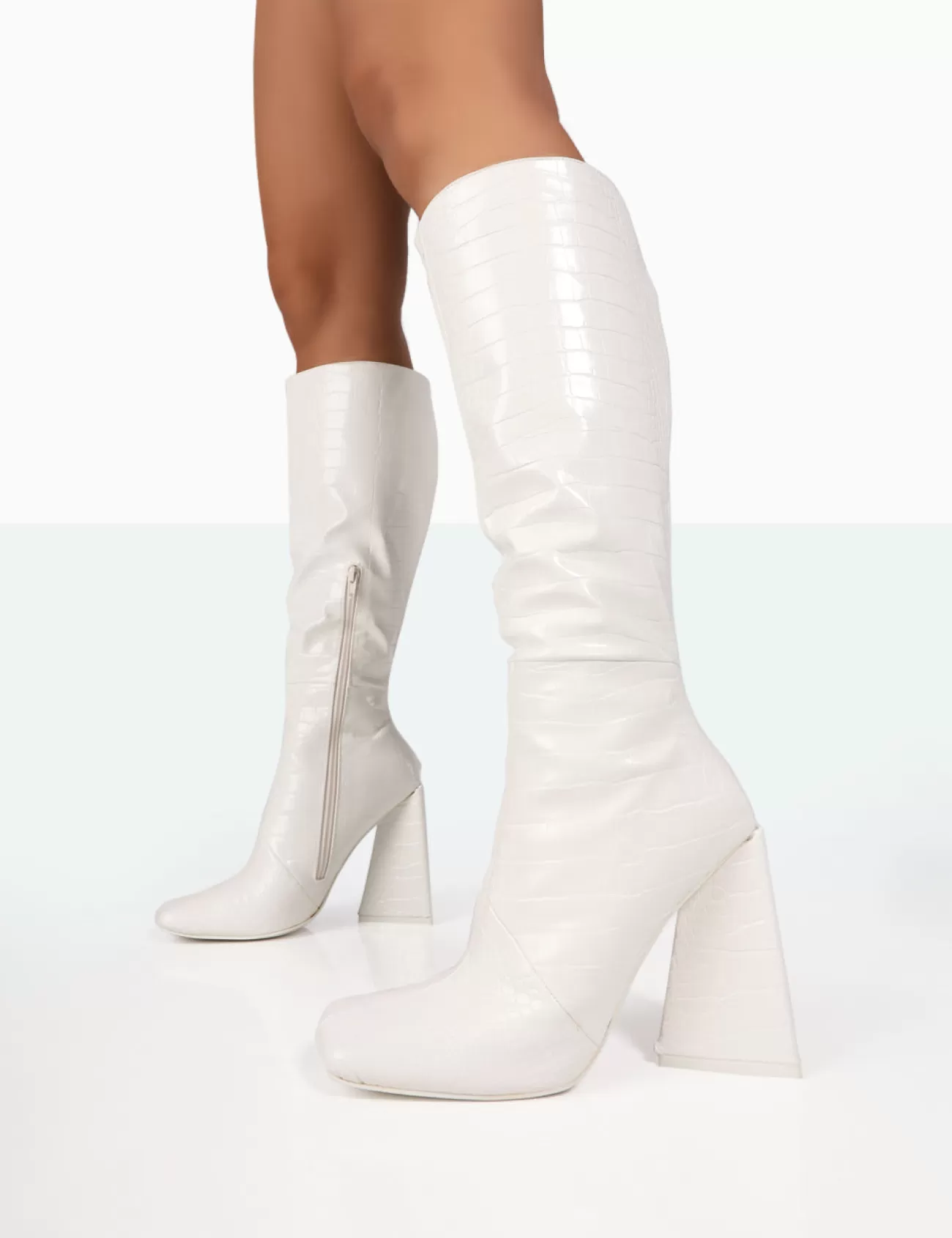 Public Desire Senna Croc Pu Knee High Block Heel Boots White Cheap