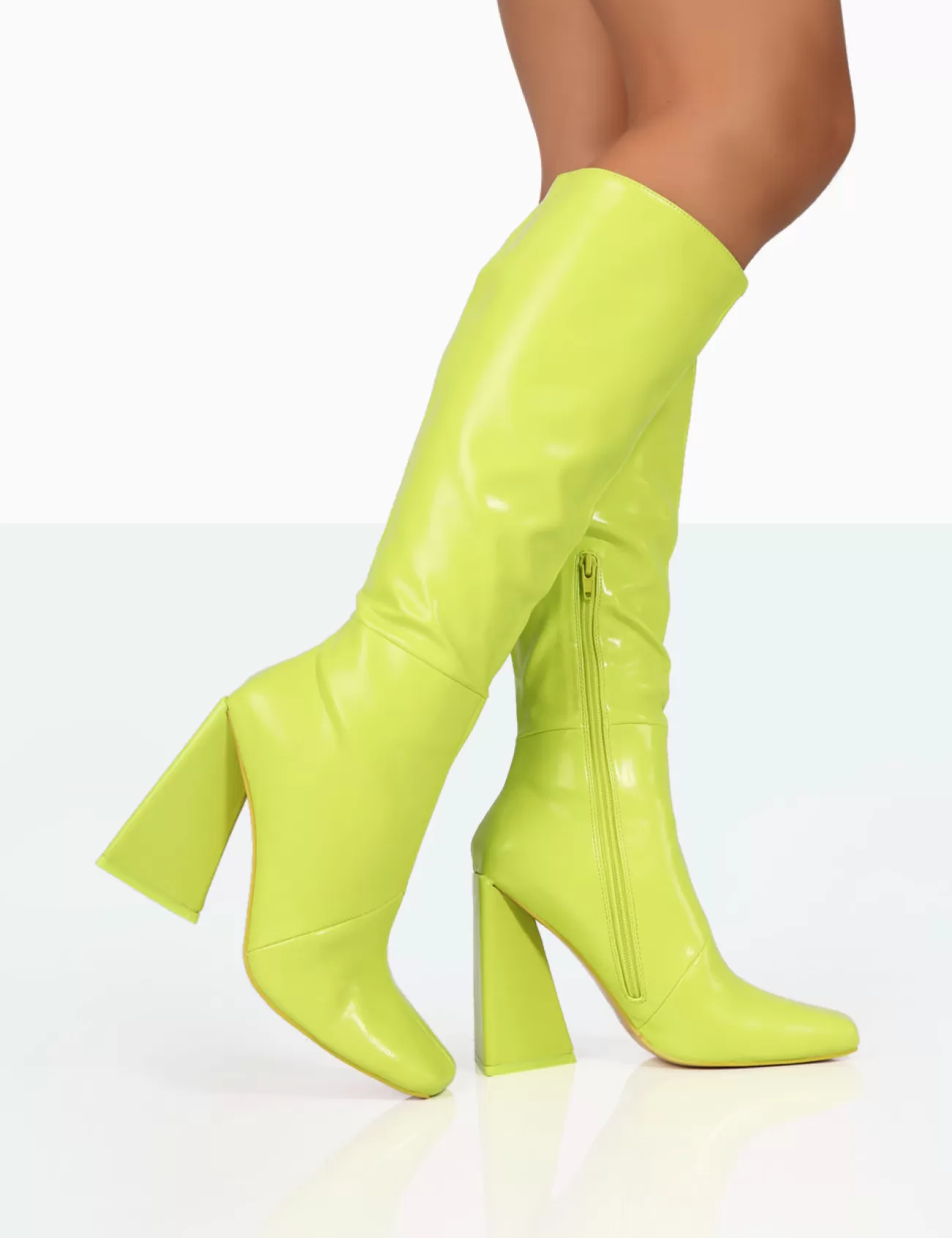 Public Desire Senna Lime Pu Knee High Block Heel Boots White Online