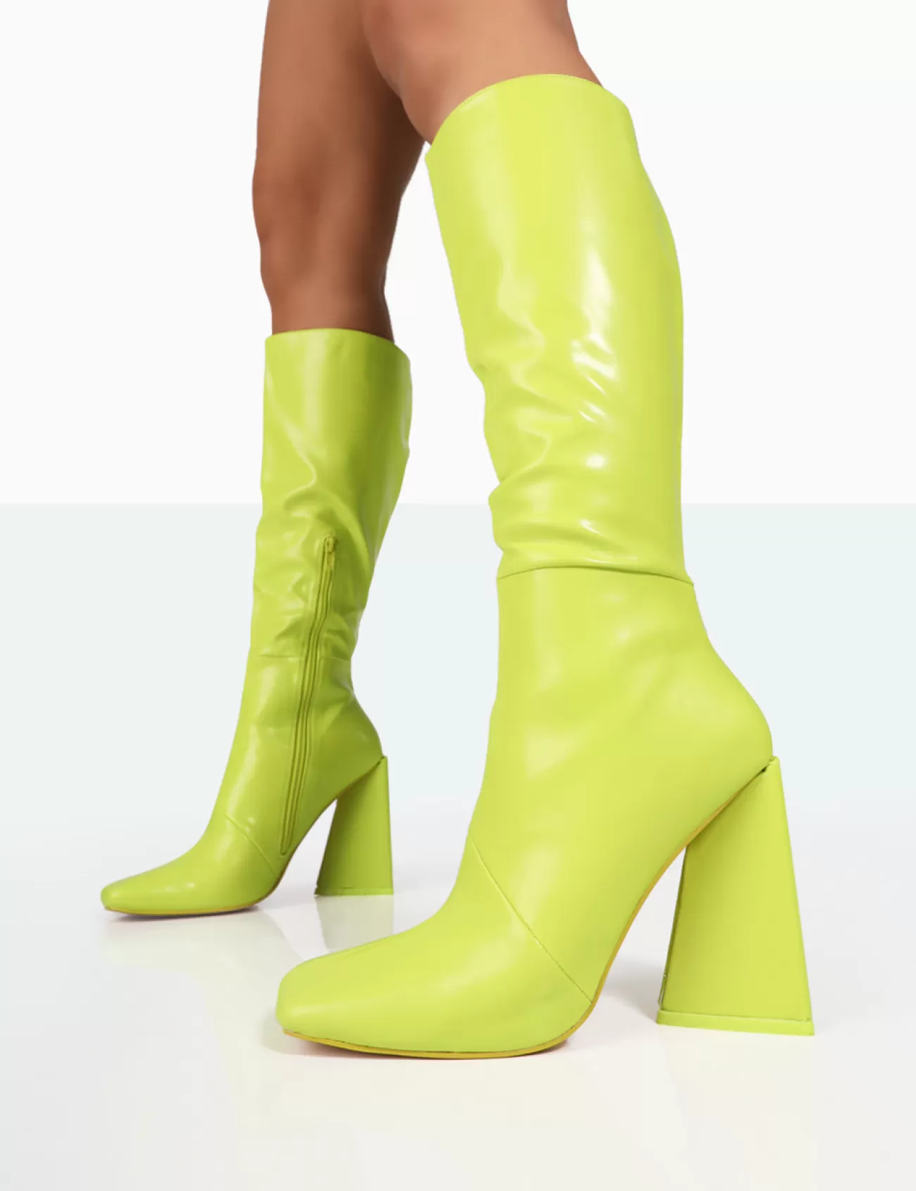 Public Desire Senna Lime Pu Knee High Block Heel Boots White Online