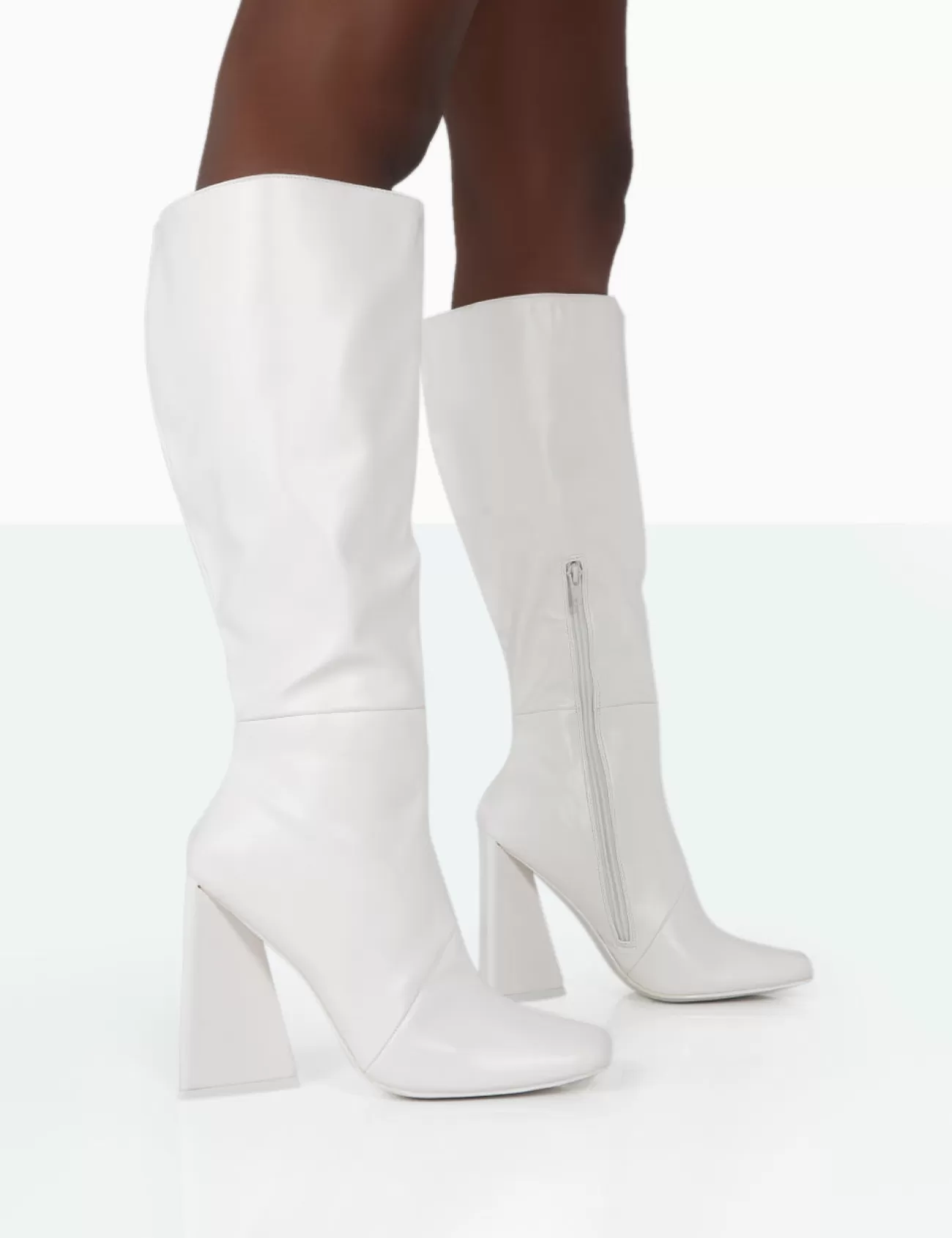 Public Desire Senna Wide Fit Pu Knee High Heeled Boots Ecru Shop