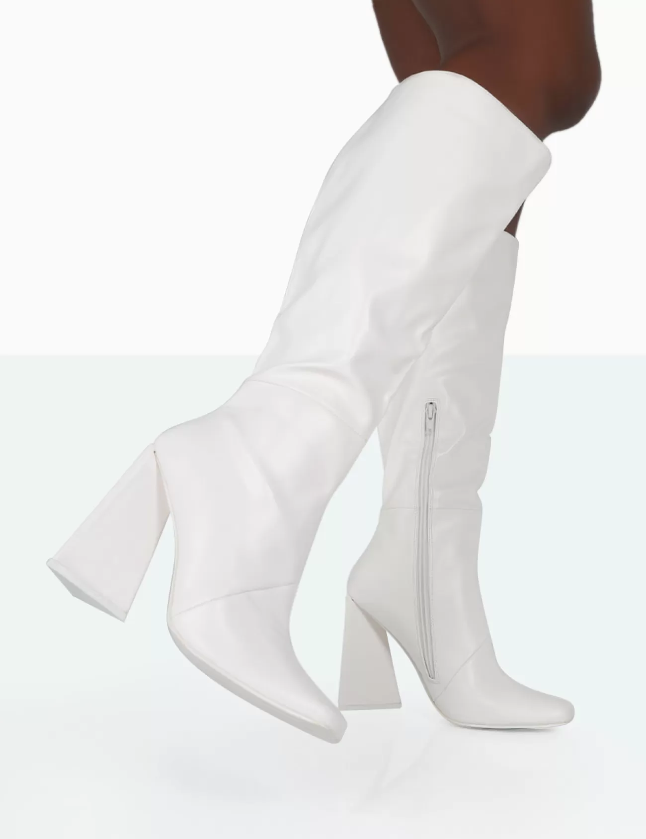 Public Desire Senna Wide Fit Pu Knee High Heeled Boots Ecru Shop