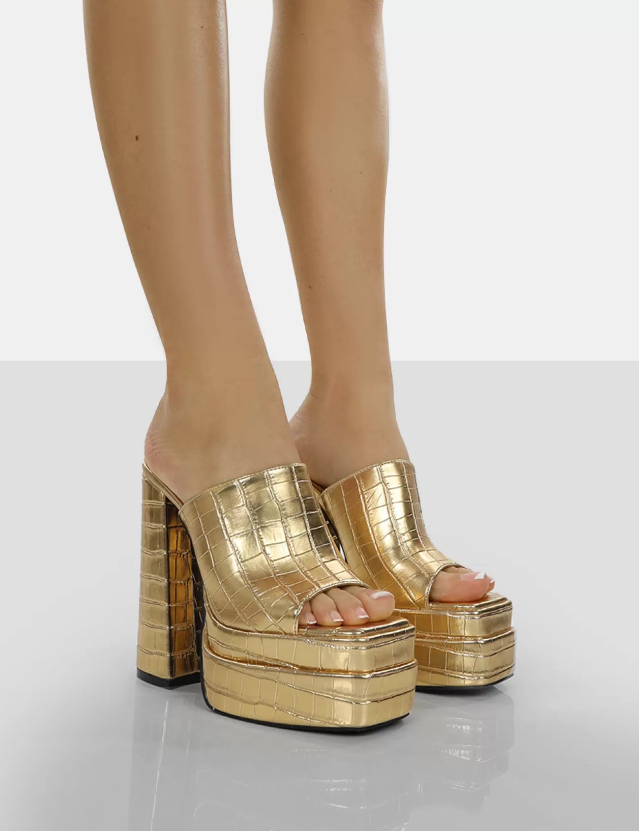 Public Desire Sky High Croc Chunky Platform High Heeled Mules Gold New