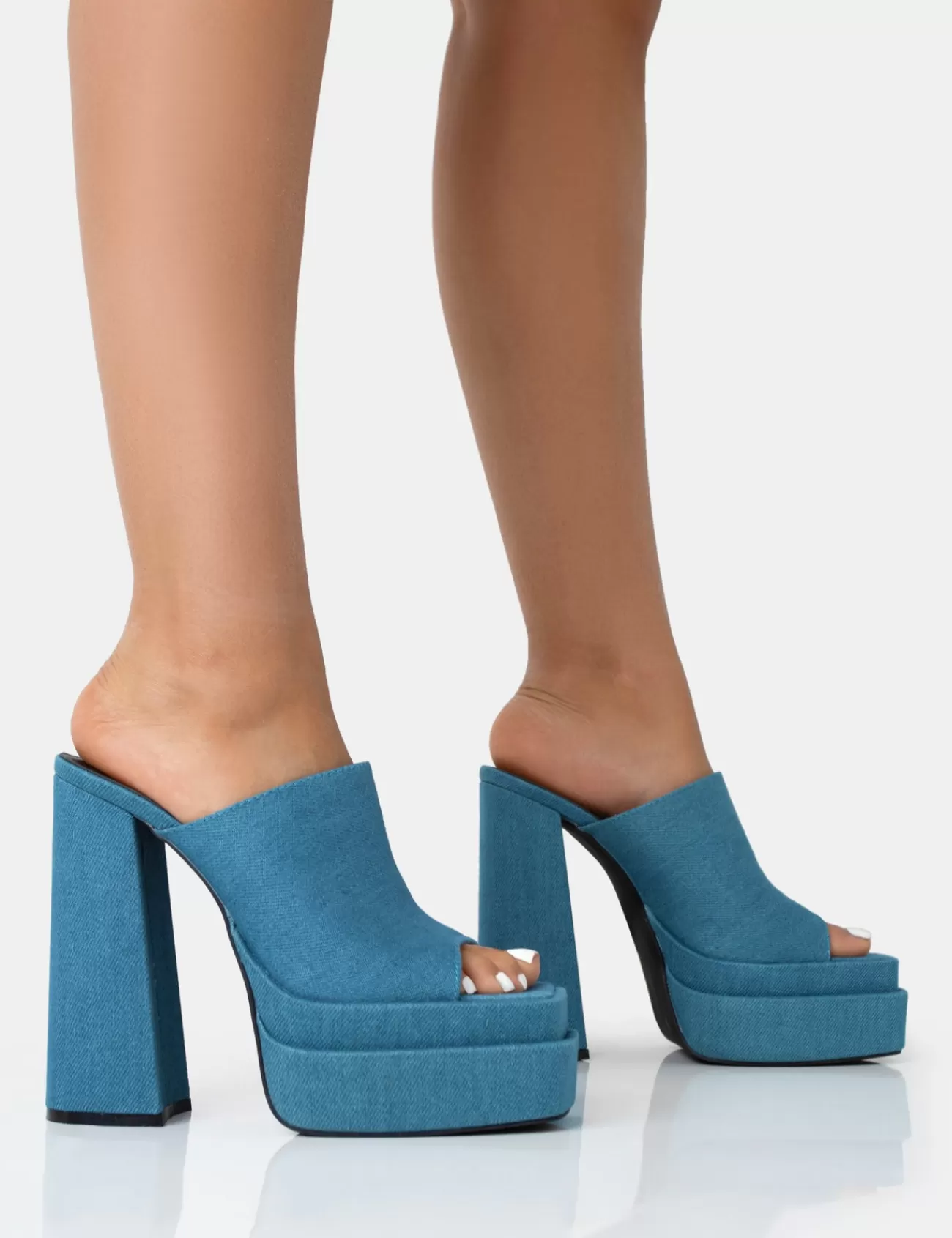 Public Desire Skyhigh Denim Chunky Platform High Heeled Mules Blue Cheap