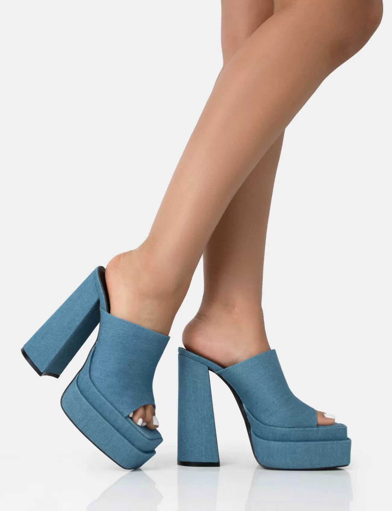 Public Desire Skyhigh Denim Chunky Platform High Heeled Mules Blue Cheap