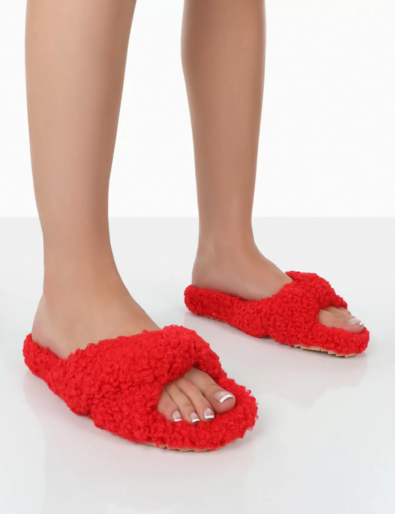 Public Desire Slumber Teddy Cross Over Strap Slippers Red Outlet