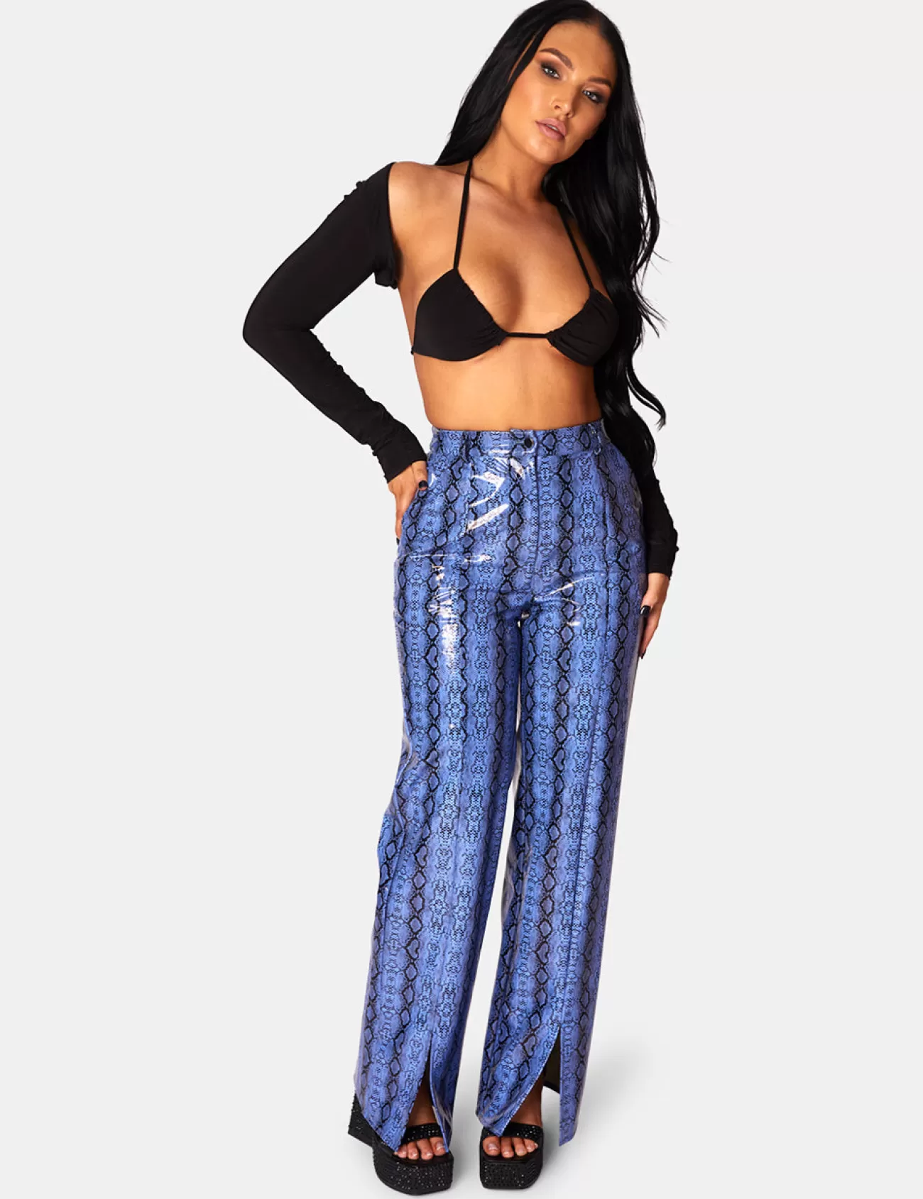Public Desire Snake Print Pu Wide Leg Trousers Blue Online