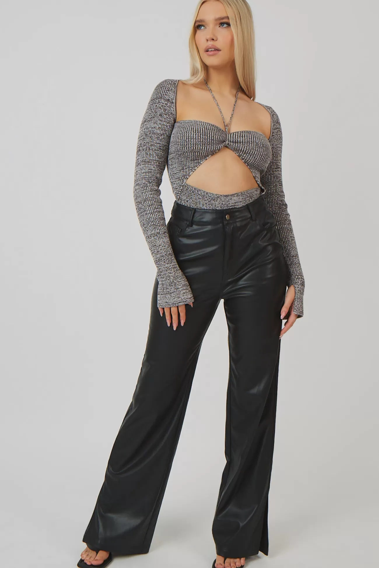 Public Desire Space Dye Cut Out Strappy Long Sleeve Bodysuit Brown Flash Sale