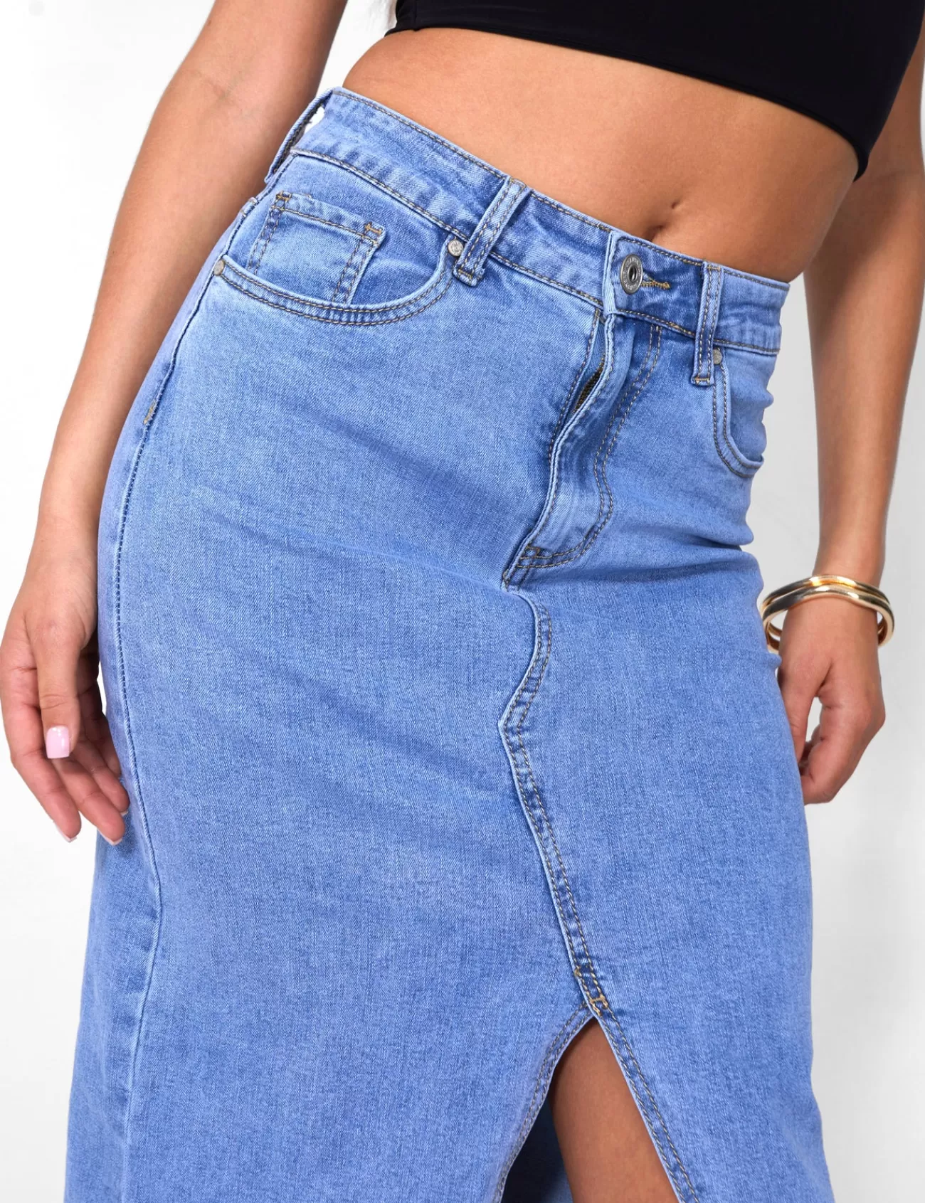 Public Desire Split Front Longline Denim Skirt Wash Blue Store